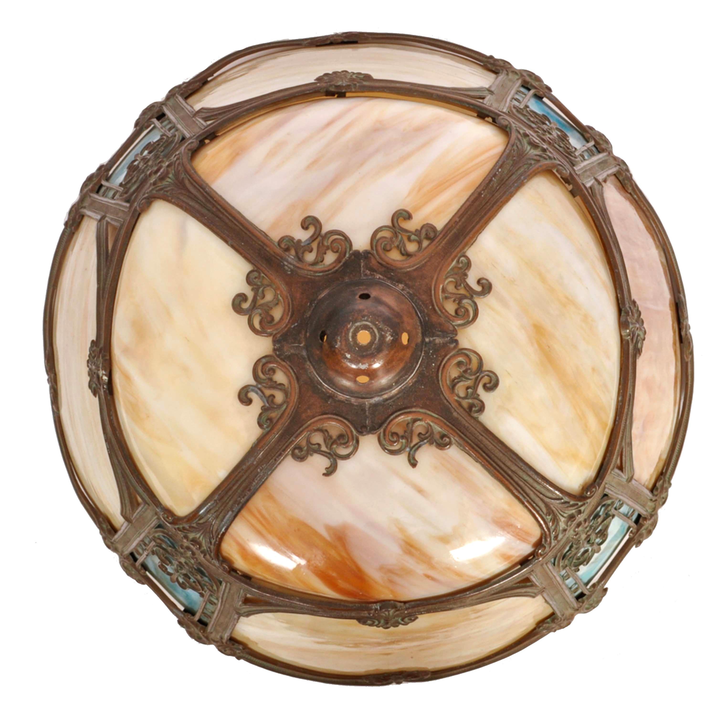 Antique American Art Nouveau Craftsman Mission Table Lamp Bronze Slag Glass 1910 For Sale 2