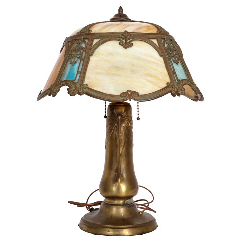 Antique American Art Nouveau Table Lamp Bronze & Slag Glass, 1910 In Good Condition For Sale In Portland, OR