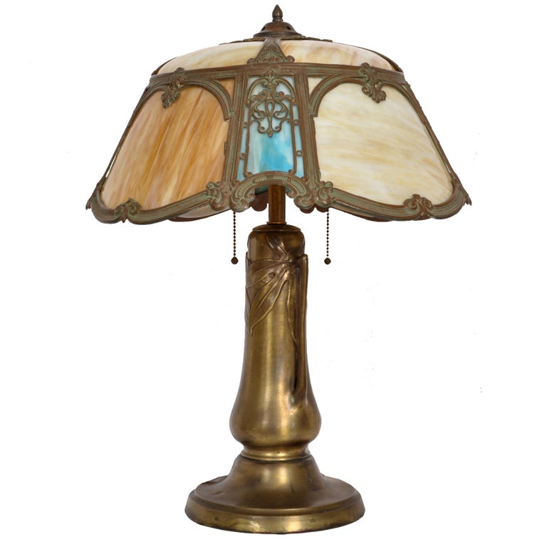 Antique American Art Nouveau Table Lamp Bronze and Slag Glass, 1910 For Sale  at 1stDibs