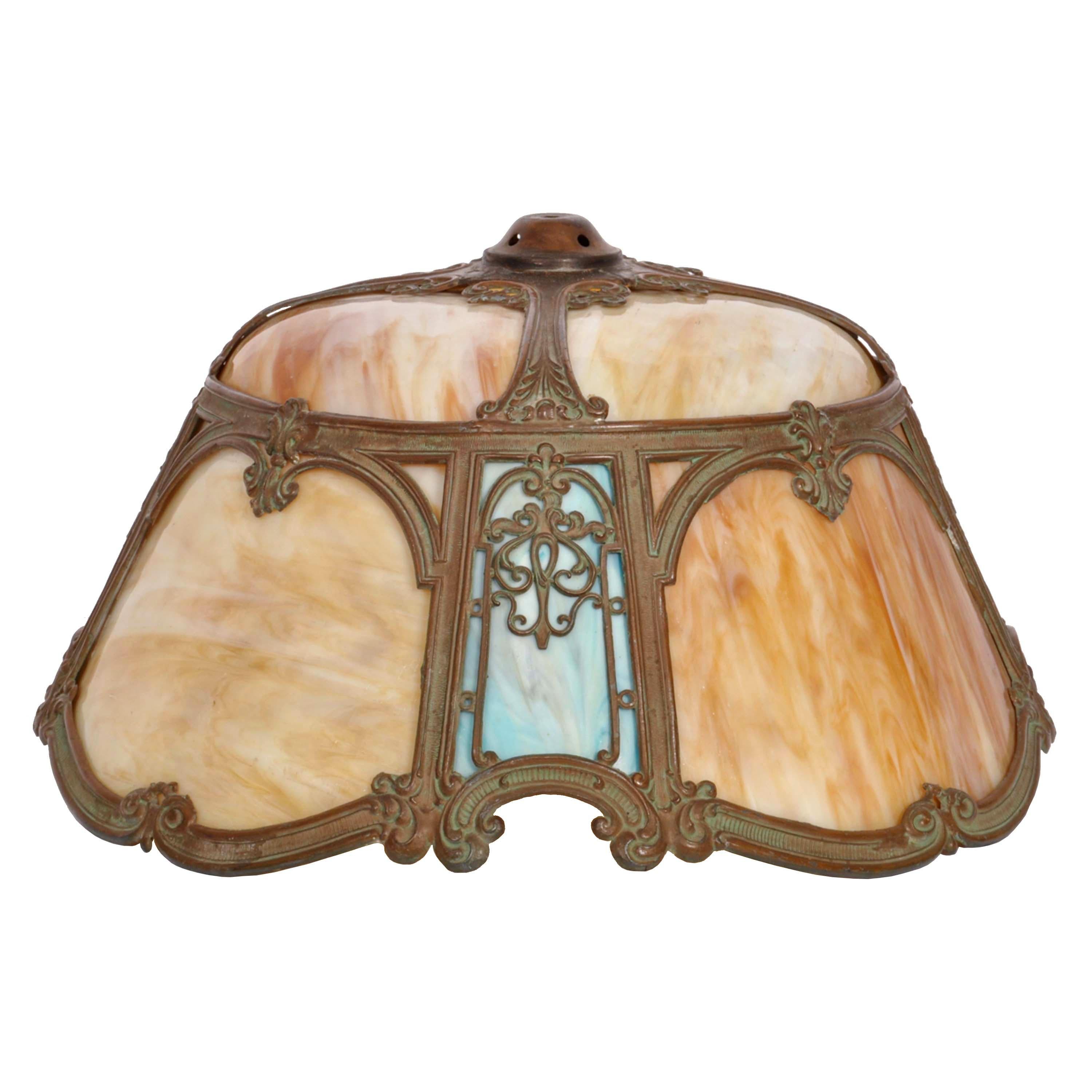 Early 20th Century Antique American Art Nouveau Craftsman Mission Table Lamp Bronze Slag Glass 1910 For Sale