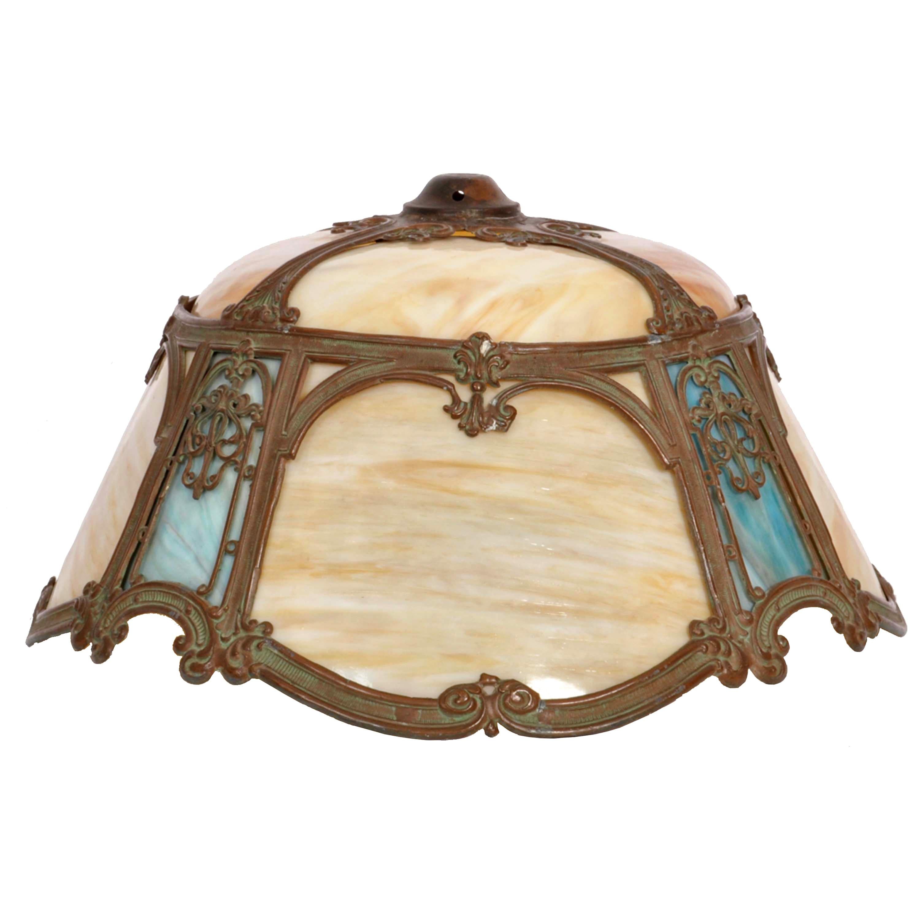 Antique American Art Nouveau Craftsman Mission Table Lamp Bronze Slag Glass 1910 For Sale 1