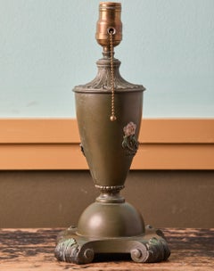 Antique American Arts & Crafts Cast Bronze Table Lamp with Hand Painted Rose