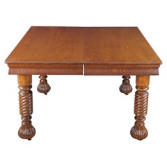 Antique American Arts & Crafts Quartersawn Oak Barley Twist Dining Table Extends