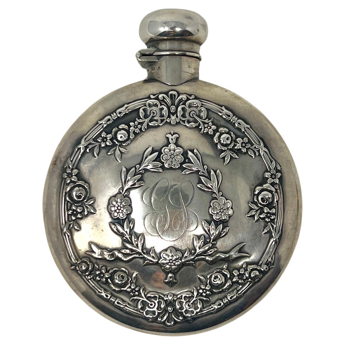 Antique American “Bailey Banks” Hallmarked Sterling Silver Drinks Flask Ca. 1880 For Sale