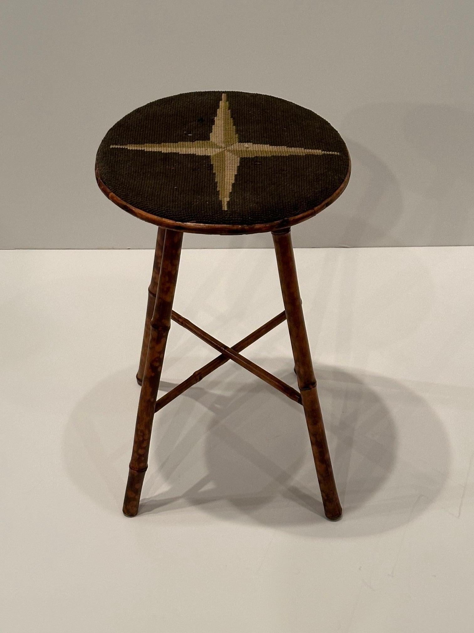 Early 20th Century Antique American Bamboo Stool with Original Needlepoint Seat For Sale