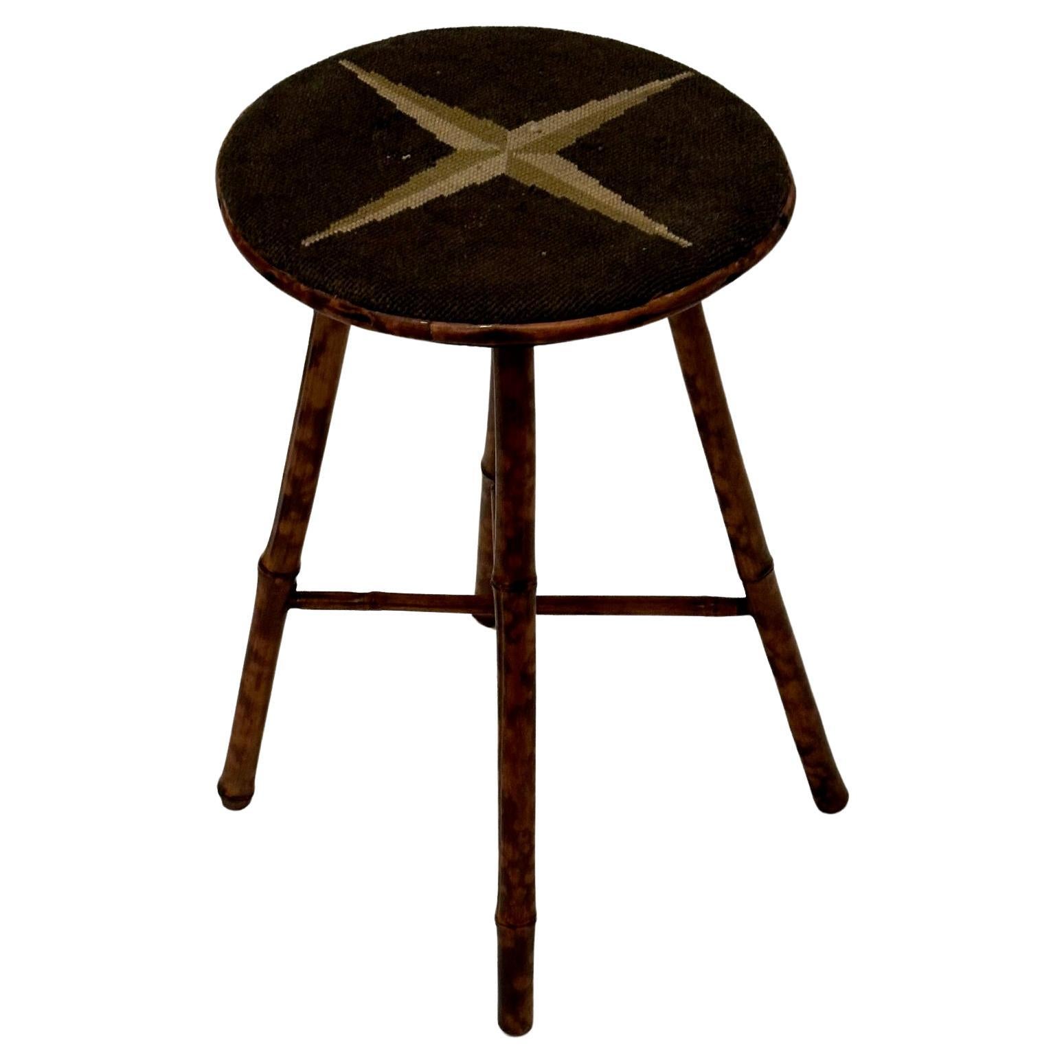 Antique American Bamboo Stool with Original Needlepoint Seat For Sale