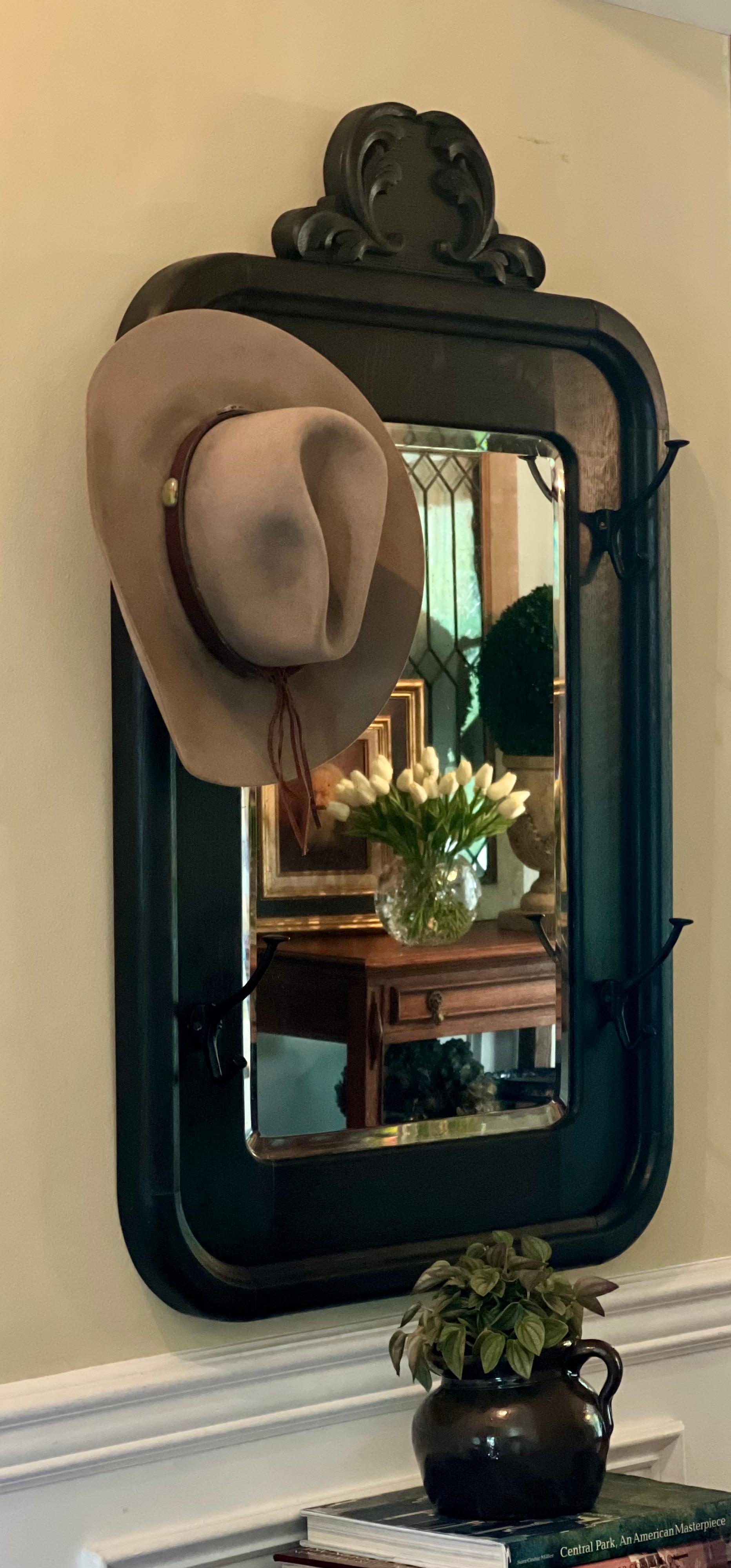 Antique American Black Stained Oak Wall Coat Rack with Large Beveled Mirror For Sale 2