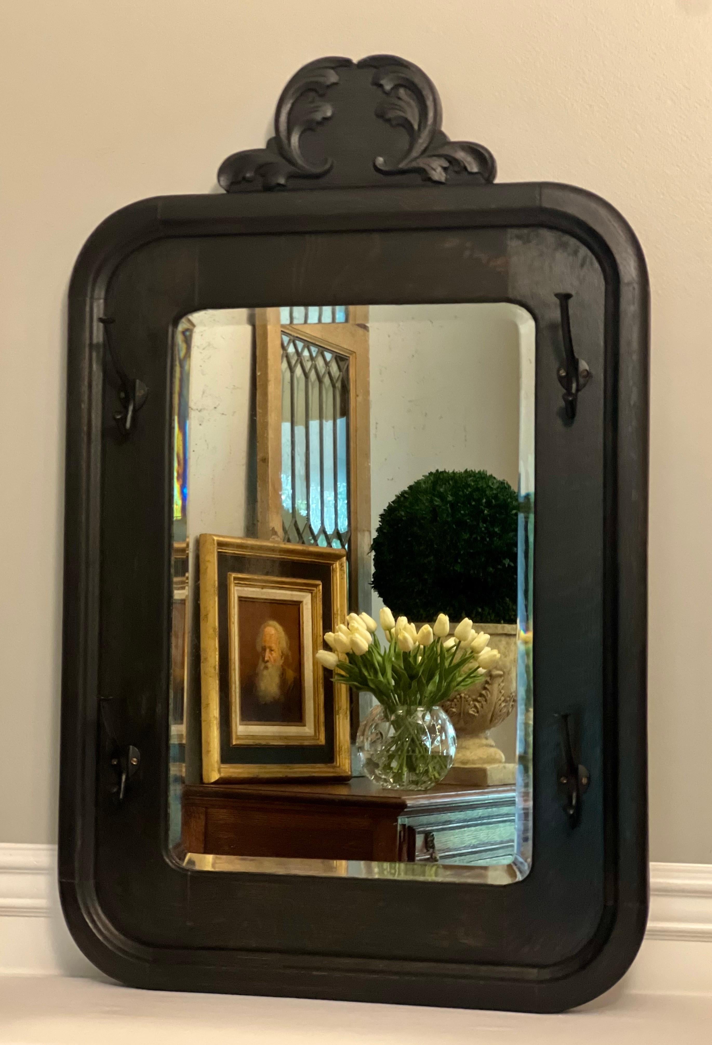 Arts and Crafts Antique American Black Stained Oak Wall Coat Rack with Large Beveled Mirror For Sale