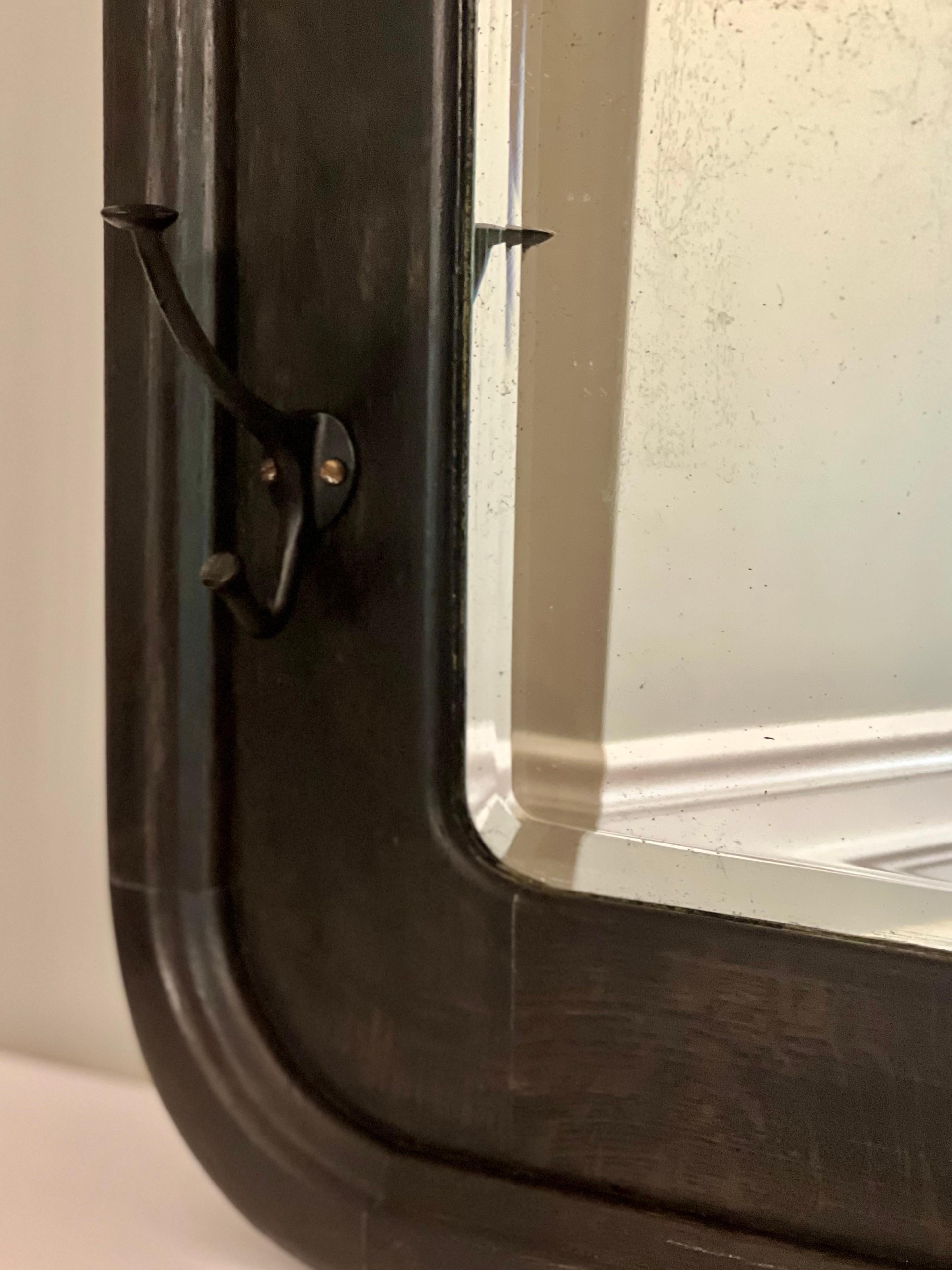 Iron Antique American Black Stained Oak Wall Coat Rack with Large Beveled Mirror For Sale