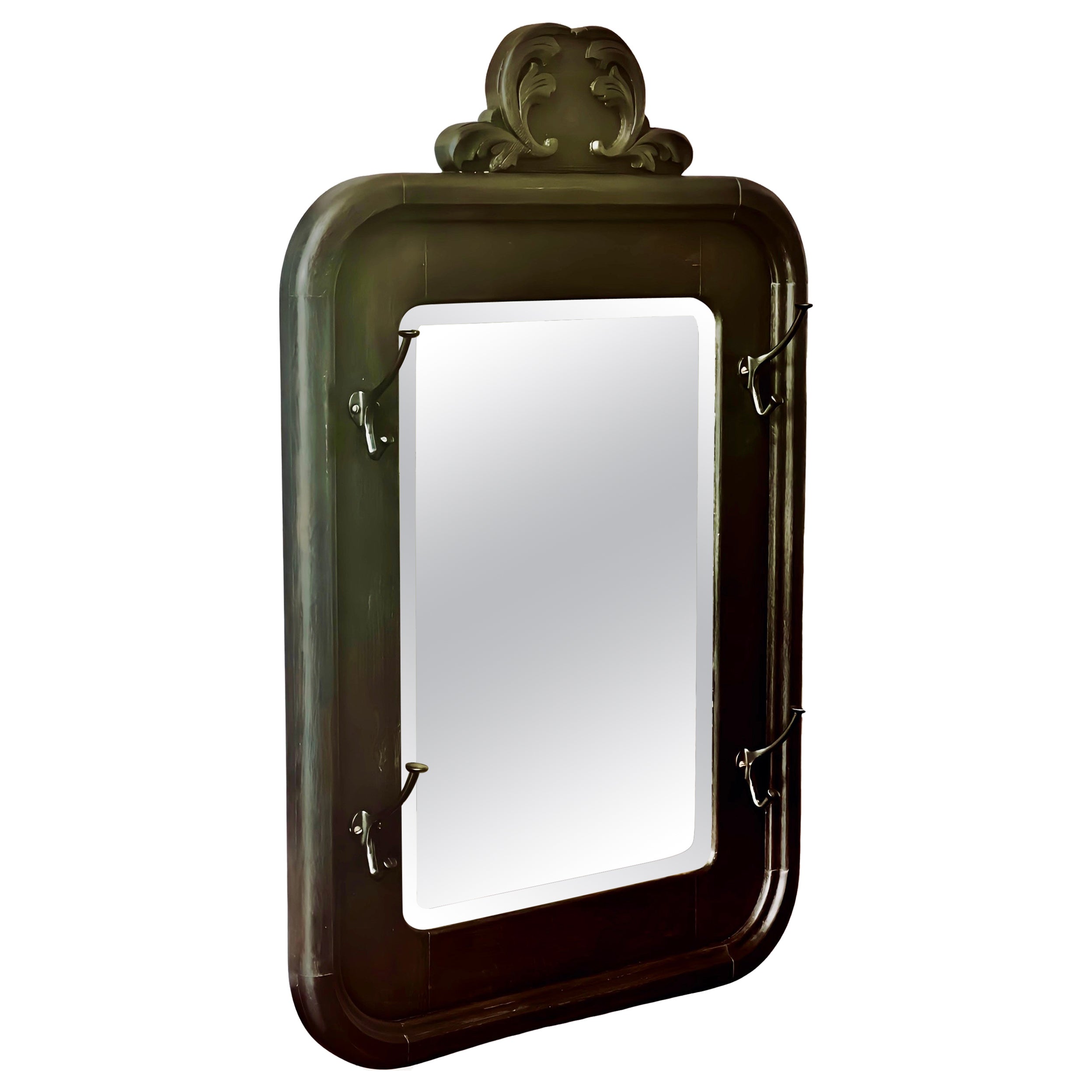 Antique American Black Stained Oak Wall Coat Rack with Large Beveled Mirror For Sale
