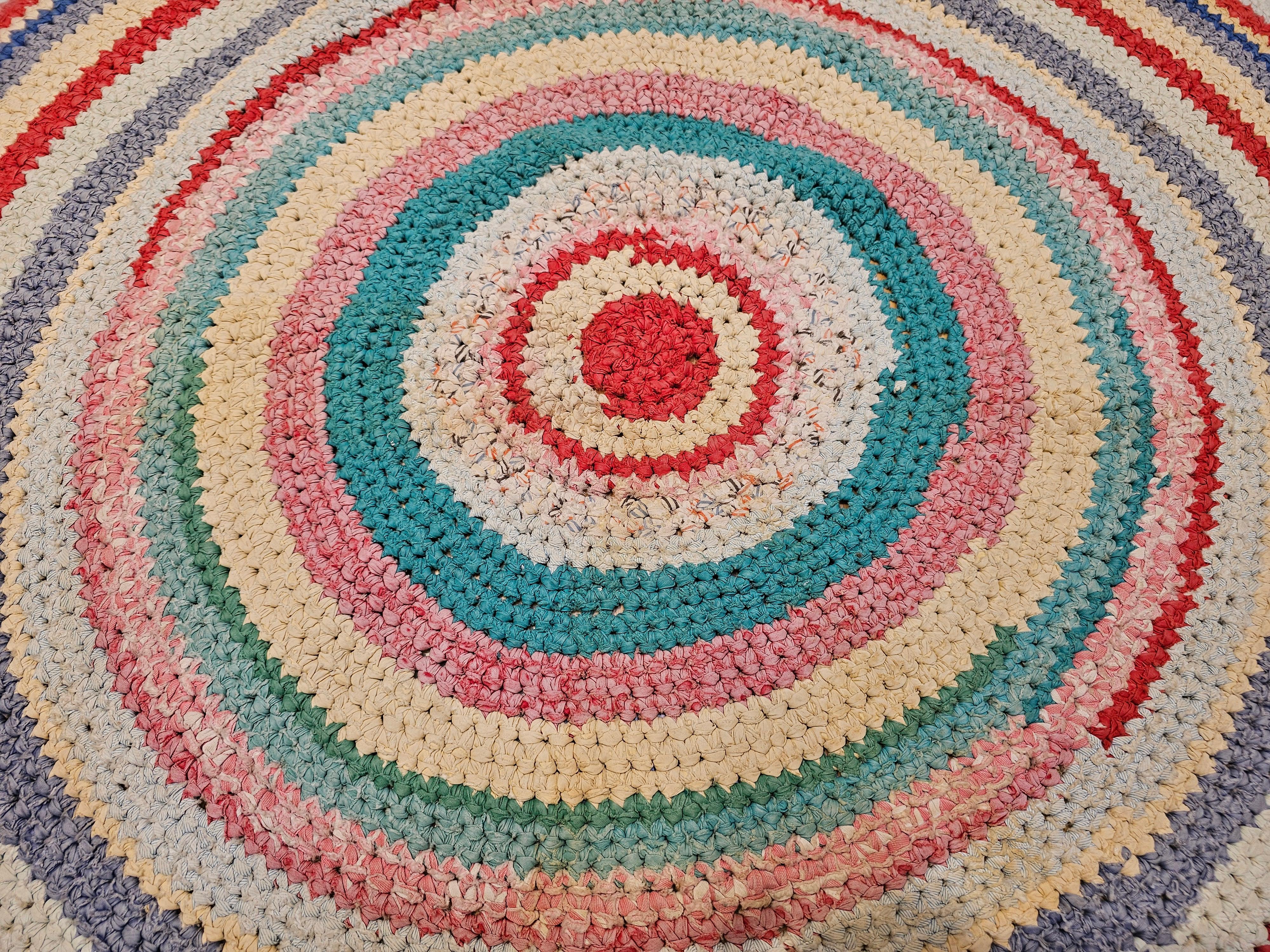 Hand-Crafted Antique American Braided Round Rug in Red, Blue, White, Green, Yellow For Sale