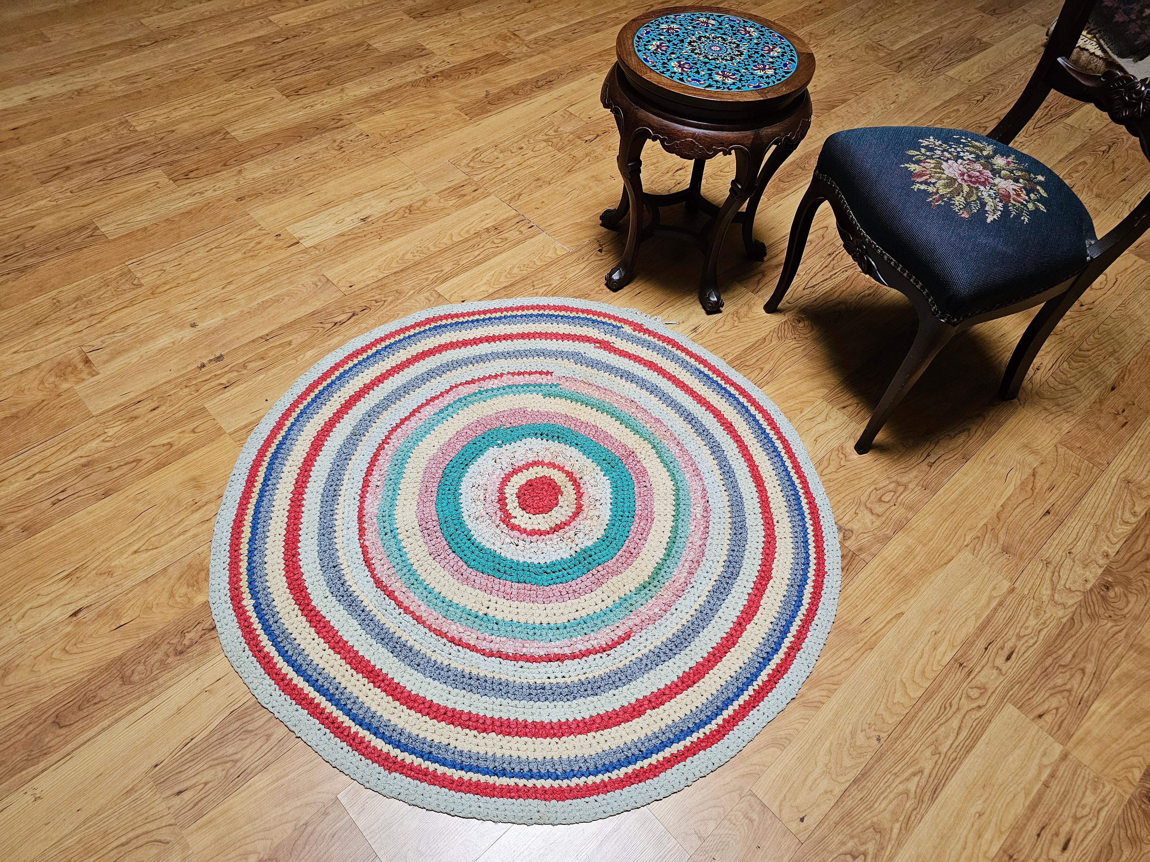 20th Century Antique American Braided Round Rug in Red, Blue, White, Green, Yellow For Sale