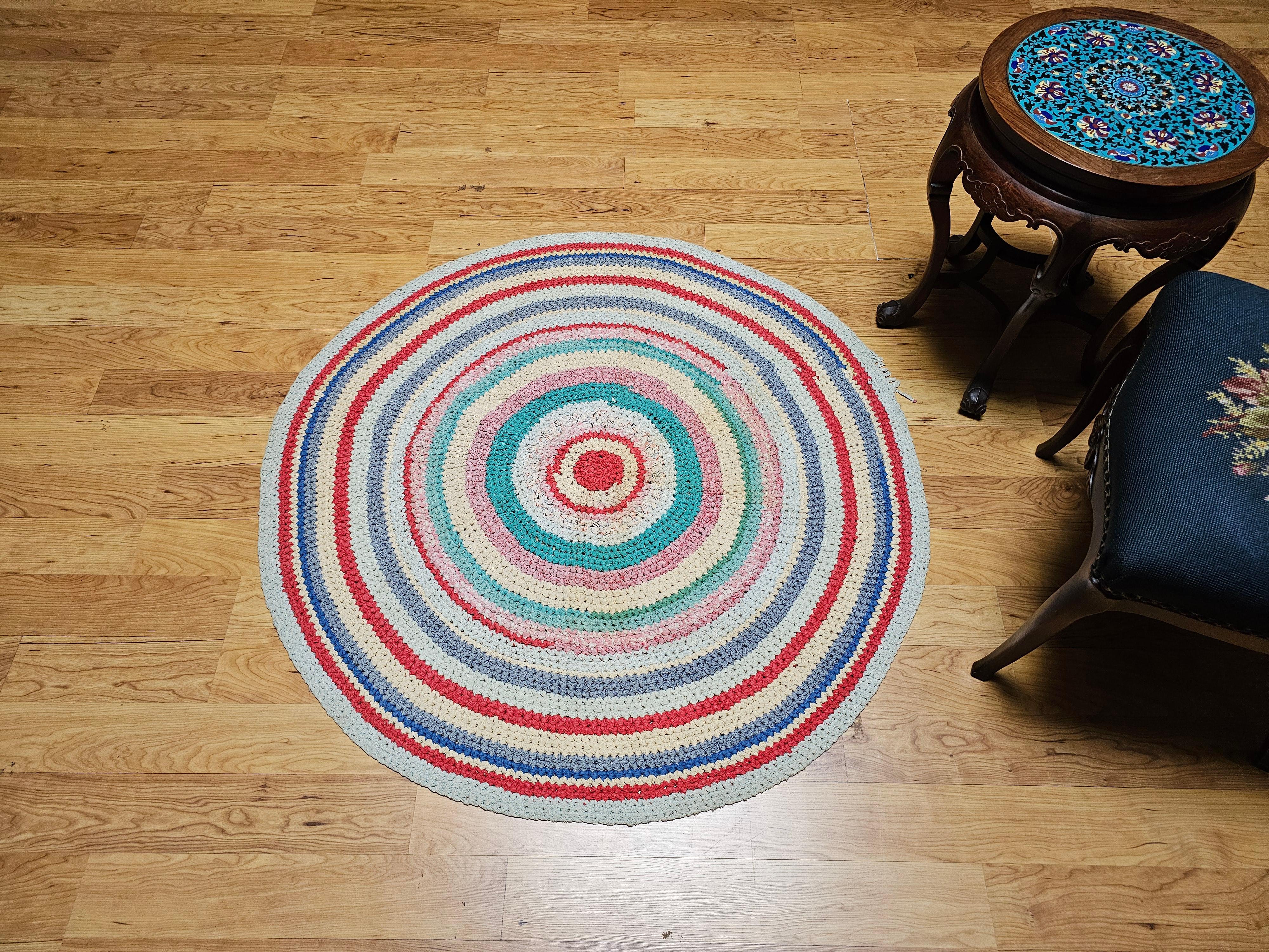 Wool Antique American Braided Round Rug in Red, Blue, White, Green, Yellow For Sale