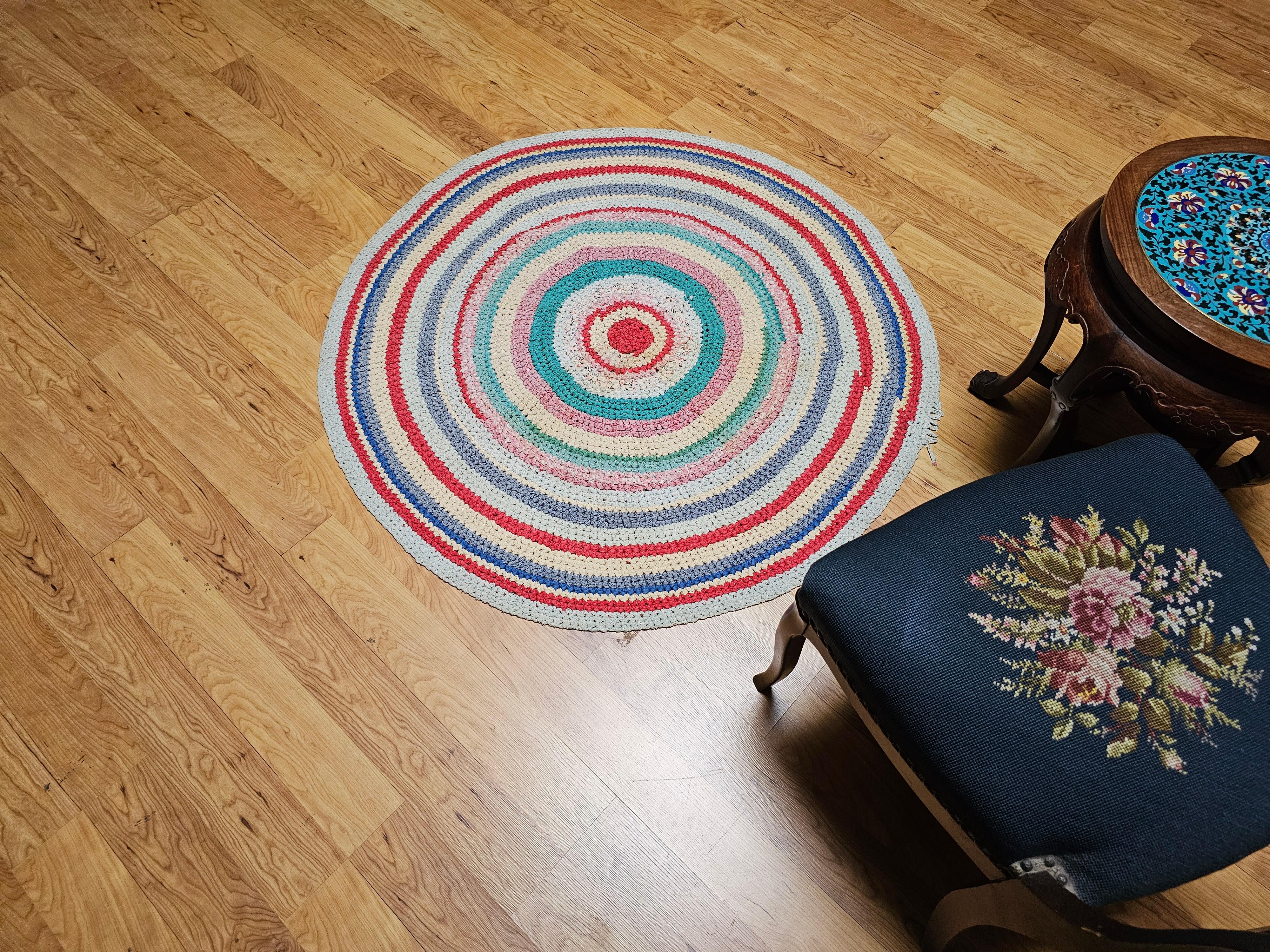 Antique American Braided Round Rug in Red, Blue, White, Green, Yellow For Sale 1