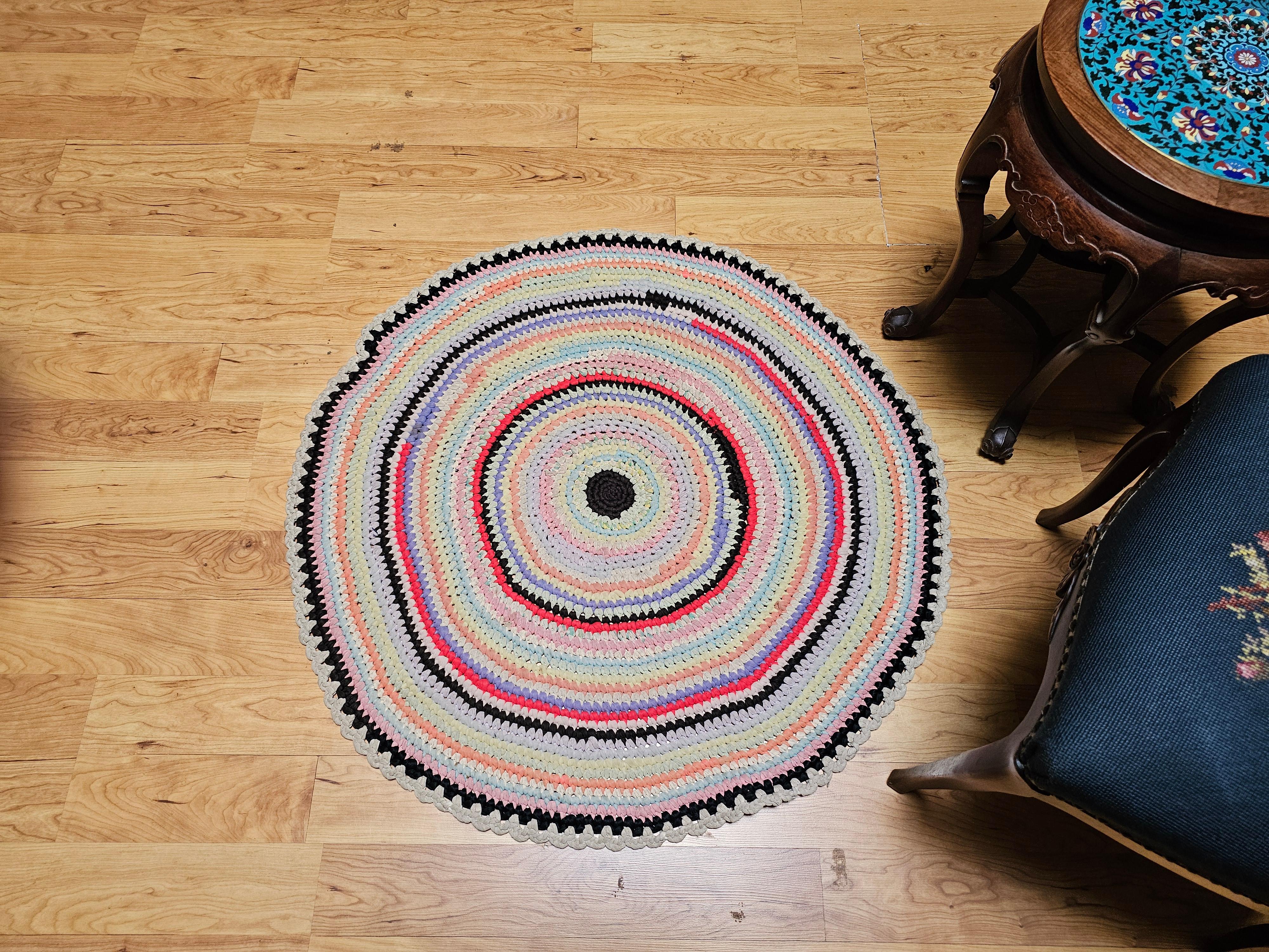 Antique American Braided Round Rug in Red, Blue, White, Green, Yellow For Sale 2