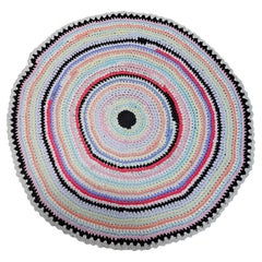 Antique American Braided Round Rug in Red, Blue, White, Green, Yellow