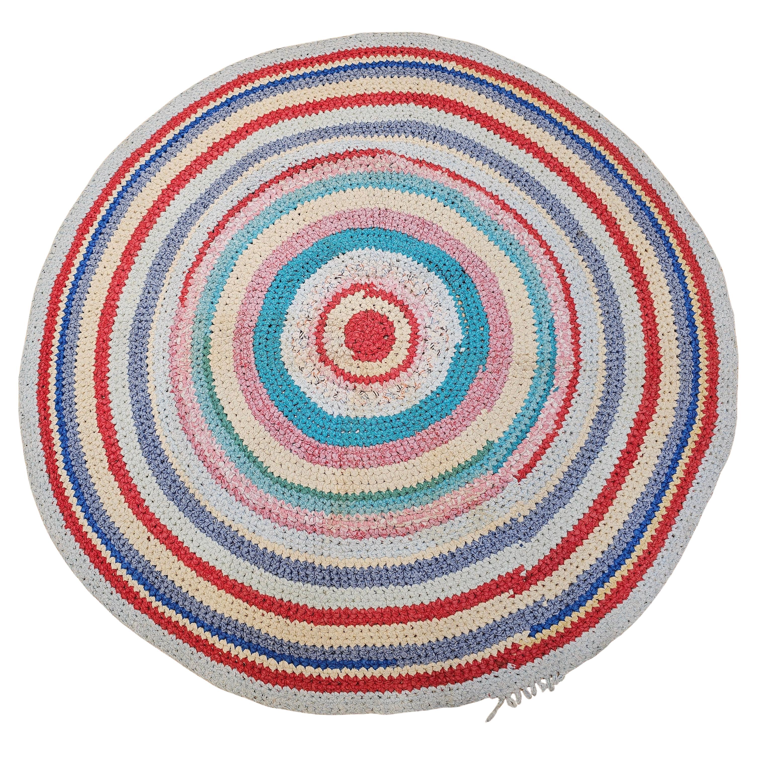 Antique American Braided Round Rug in Red, Blue, White, Green, Yellow