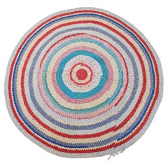 Antique American Braided Round Rug in Red, Blue, White, Green, Yellow