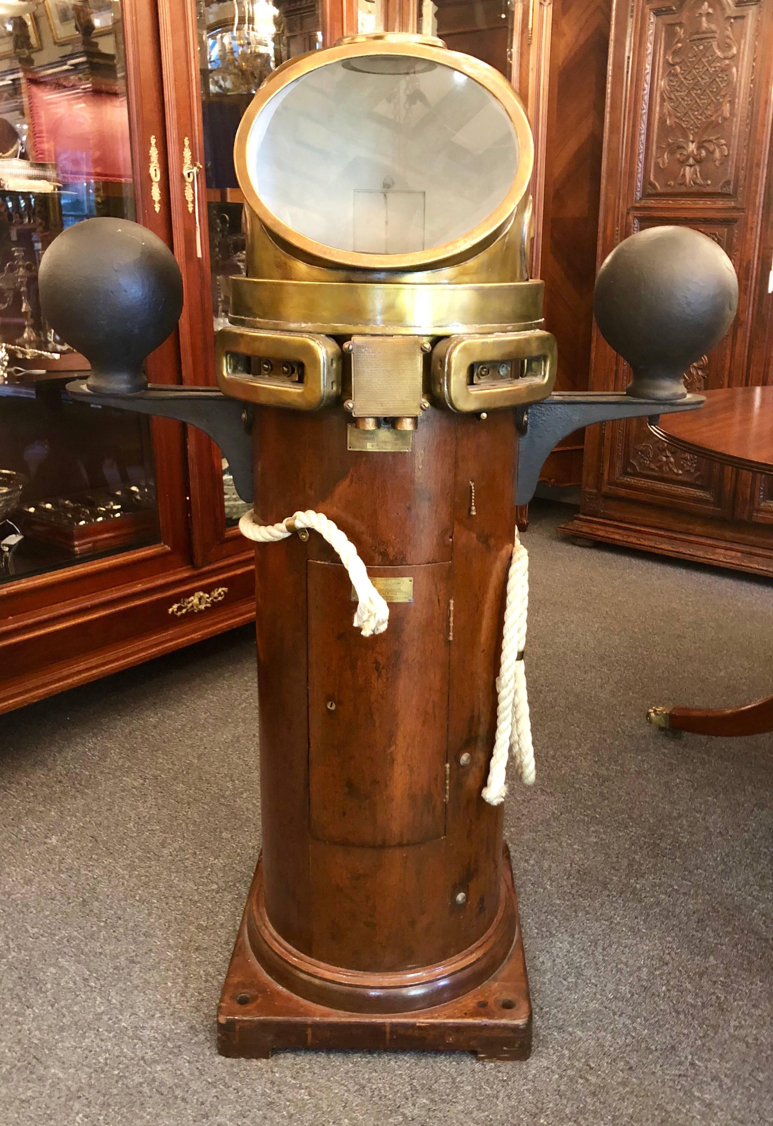 Antique American brass and mahogany binnacle, circa 1900-1920.