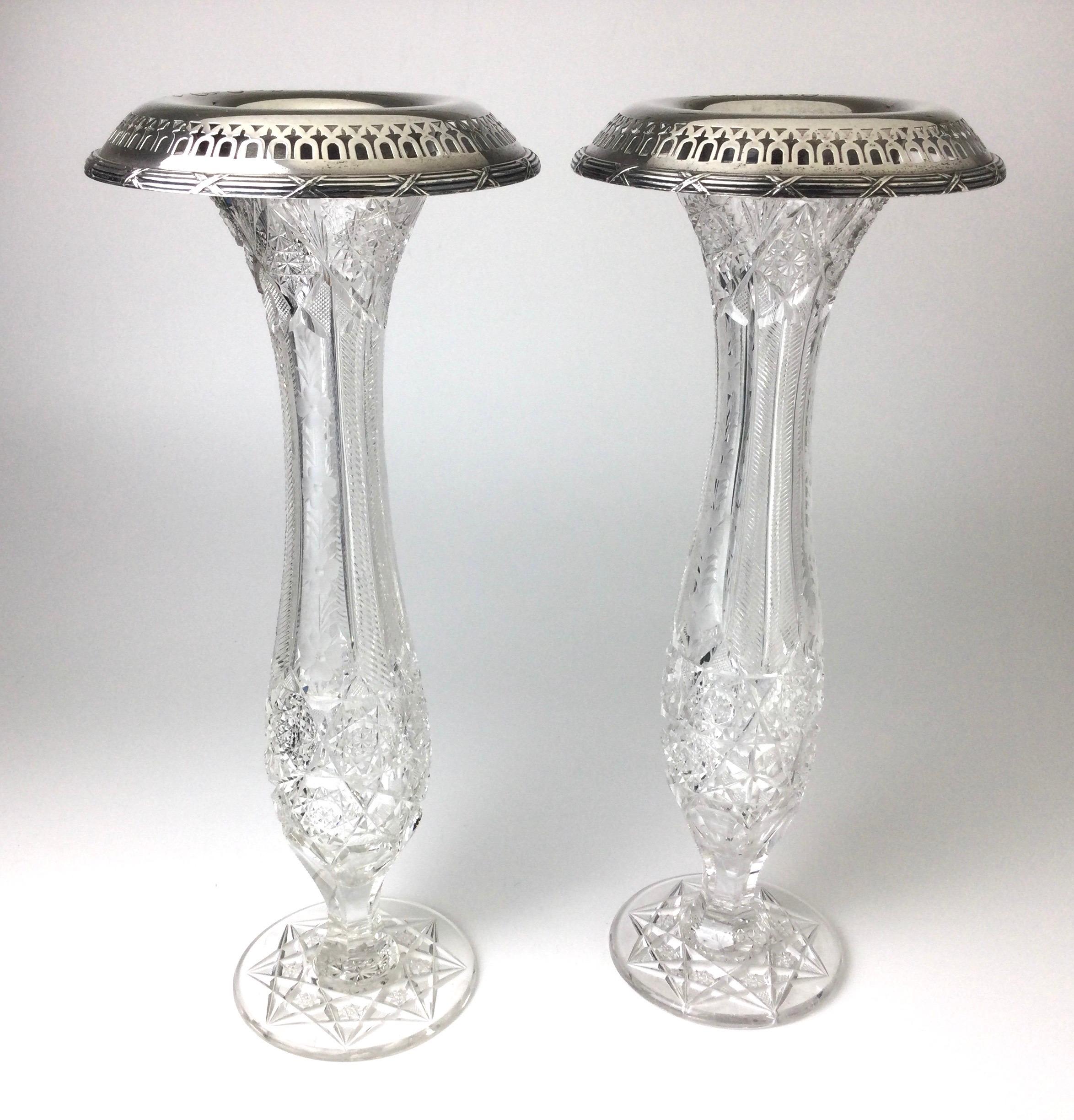 Paire de vases américains anciens en verre taillé brillant et argent sterling Gorham en vente 5