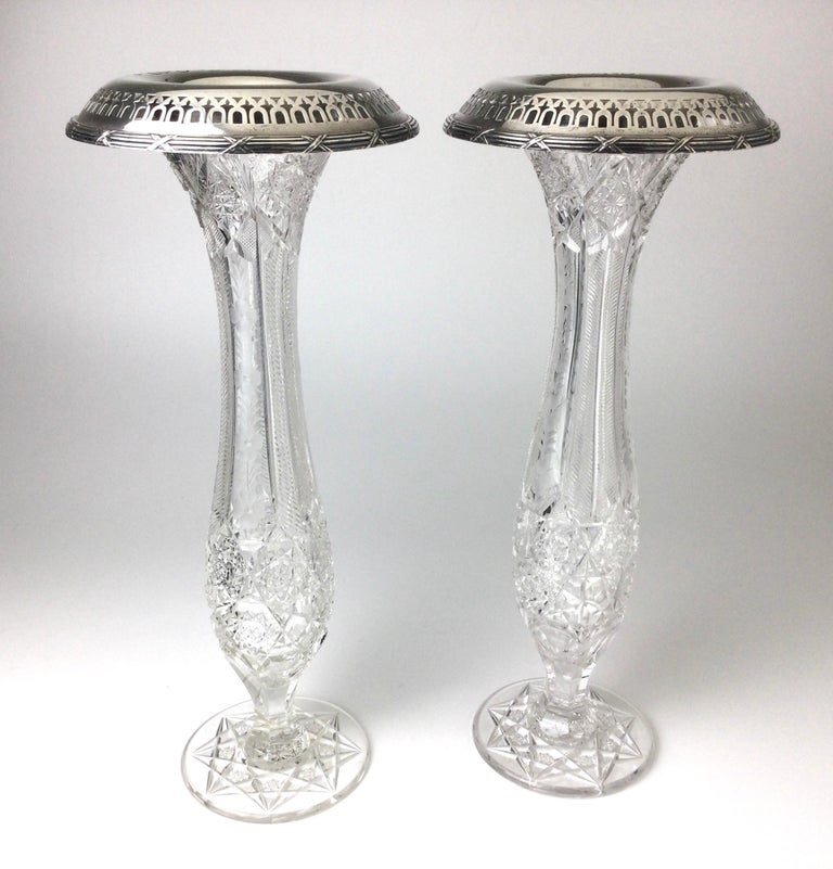 Antique American Brilliant Cut Glass and Gorham Sterling Silver Vases Pair For Sale 7