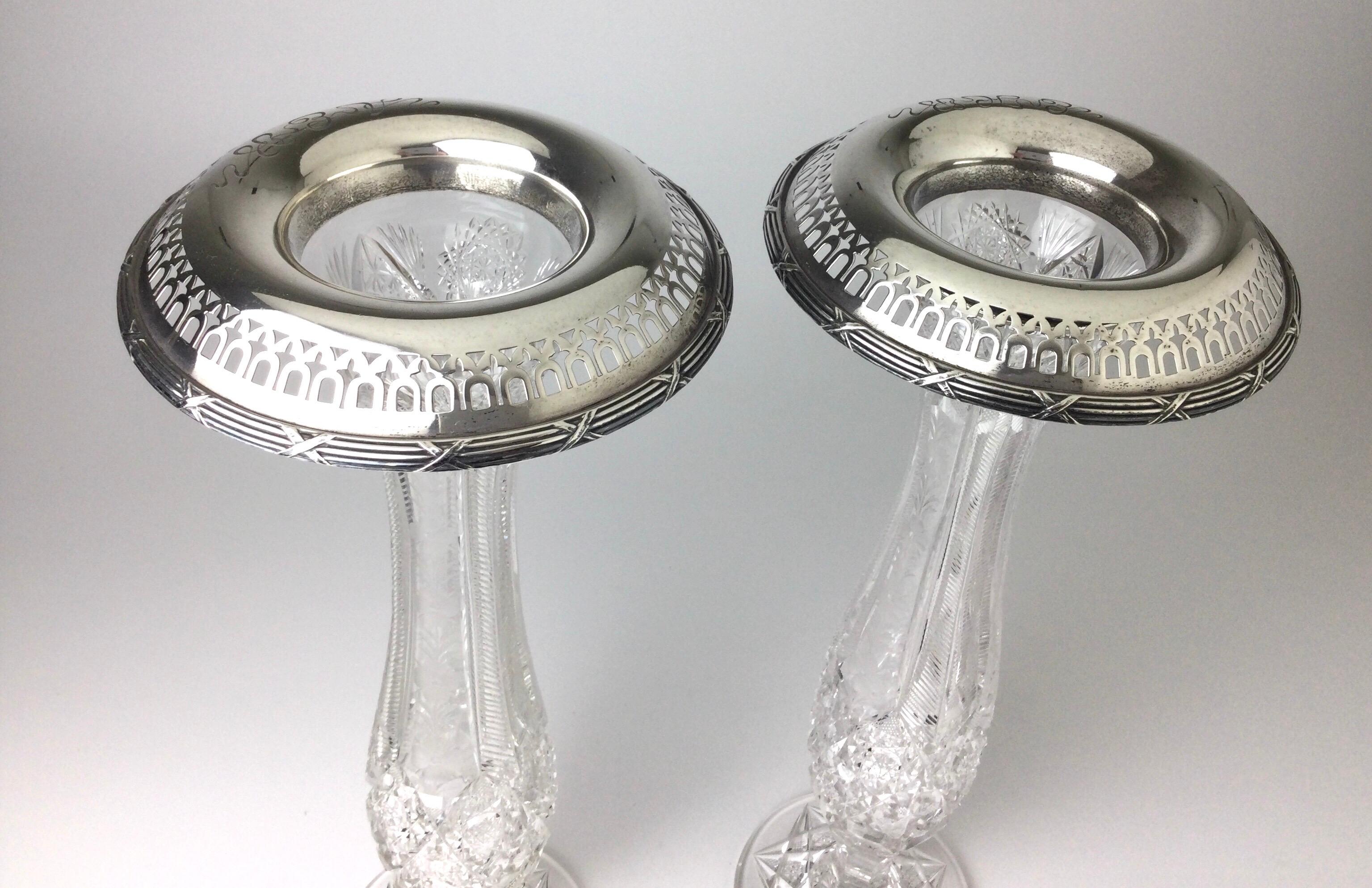 Antique American Brilliant Cut Glass and Gorham Sterling Silver Vases Pair For Sale 8