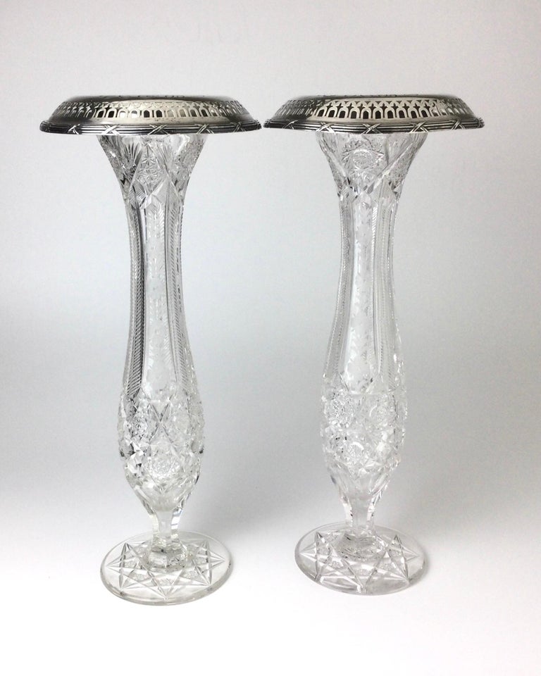 Antique American Brilliant cut glass and Gorham sterling silver vases pair. Vases each stand 16 1/2