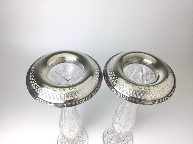 Silvered Antique American Brilliant Cut Glass and Gorham Sterling Silver Vases Pair For Sale