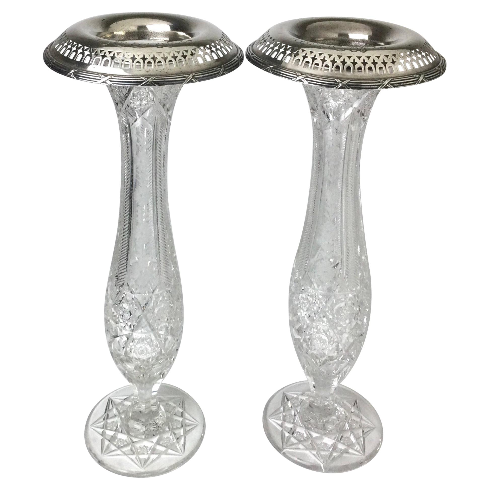 Antique American Brilliant Cut Glass and Gorham Sterling Silver Vases Pair For Sale