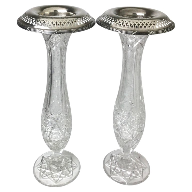 Antique American Brilliant Cut Glass and Gorham Sterling Silver Vases Pair For Sale