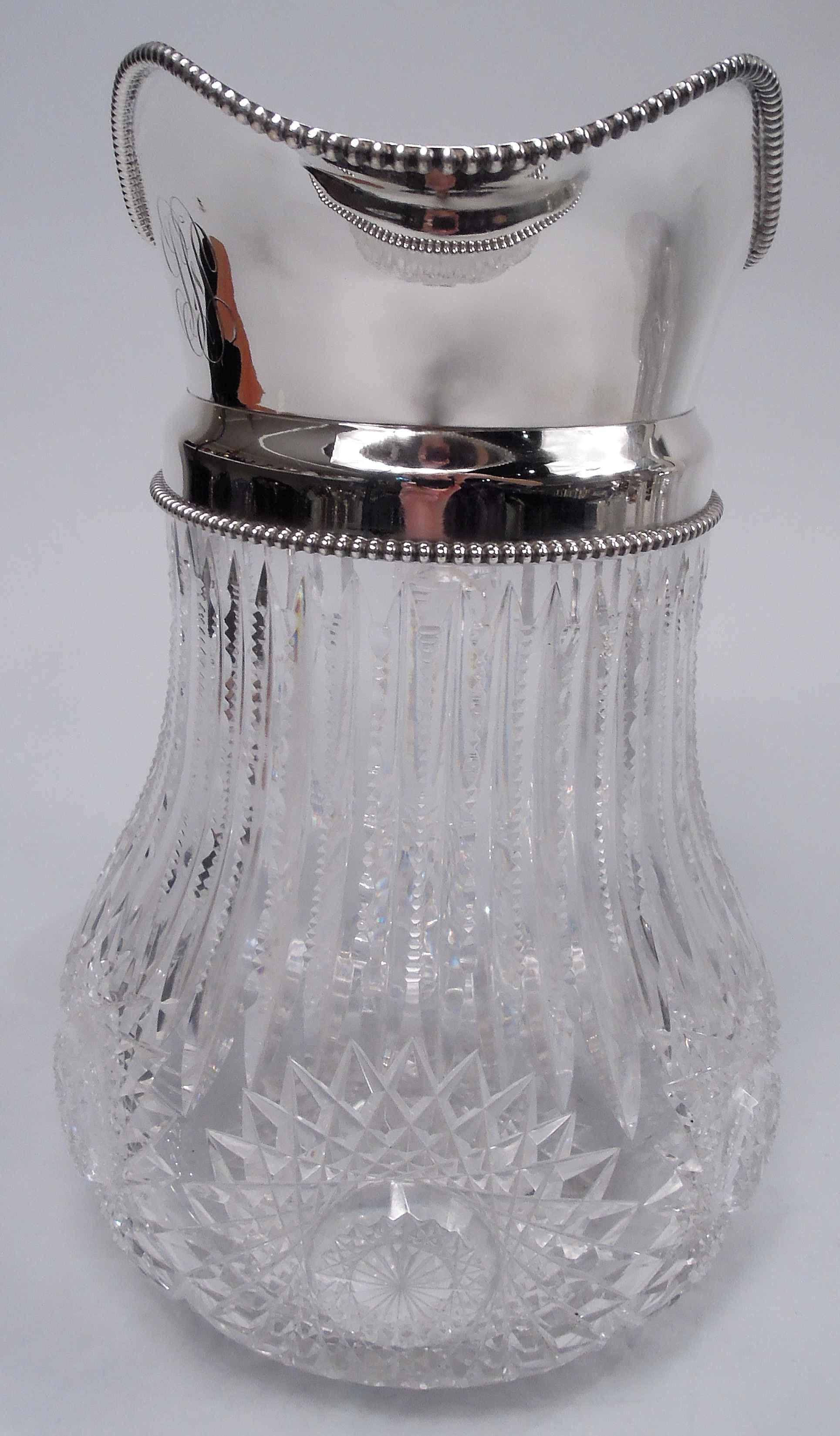 Edwardian Antique American Brilliant-Cut Glass & Sterling Silver Water Pitcher For Sale