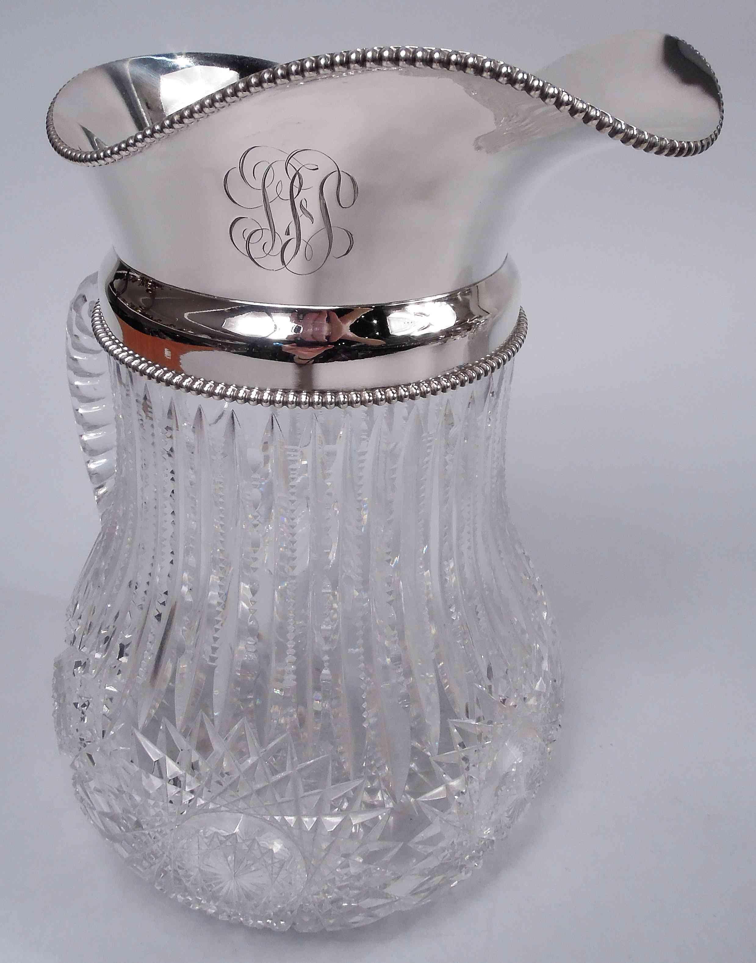 Beaded Antique American Brilliant-Cut Glass & Sterling Silver Water Pitcher For Sale