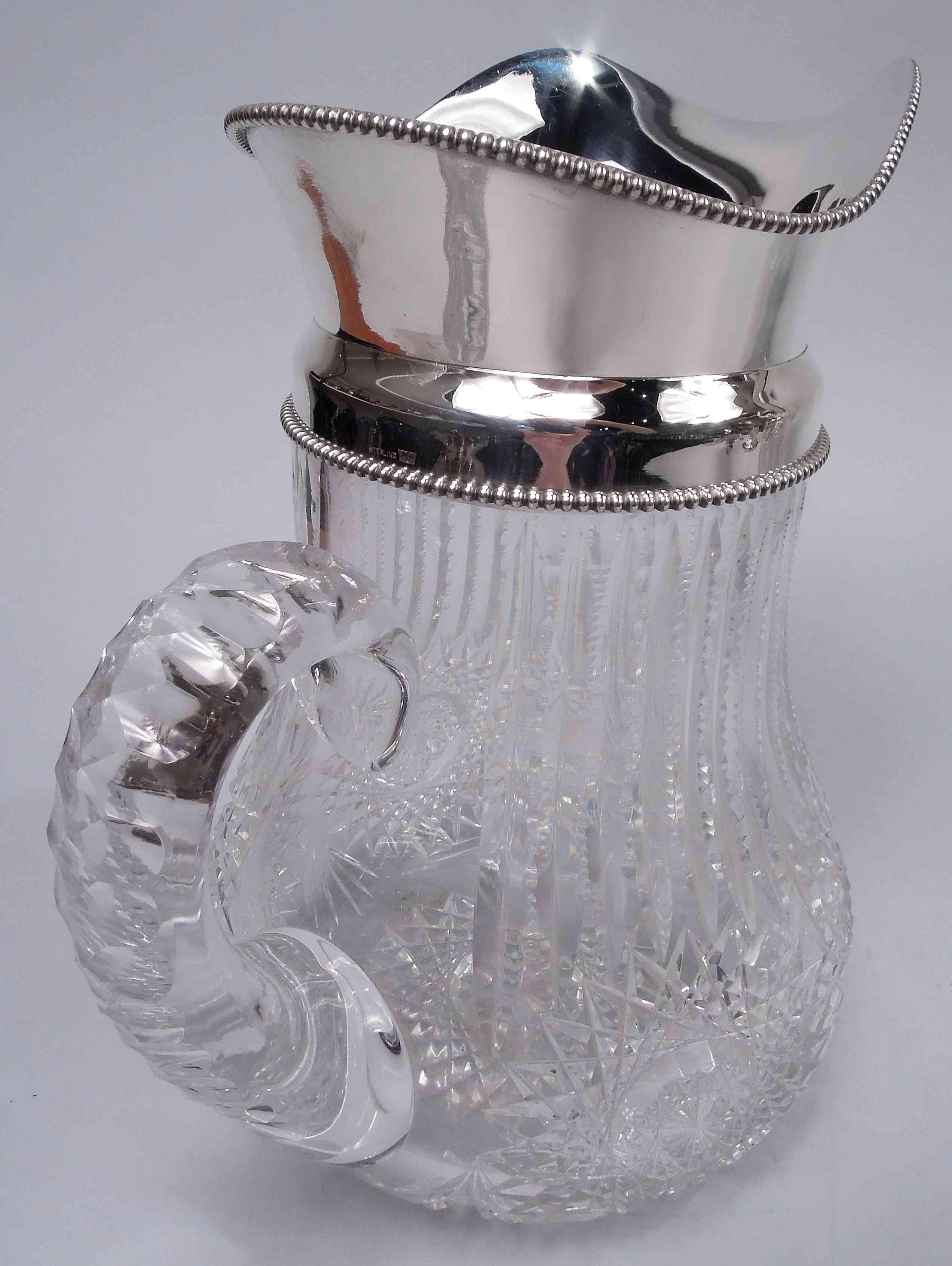 Ancienne cruche à eau en verre taillé Brilliante et en argent Sterling Bon état - En vente à New York, NY