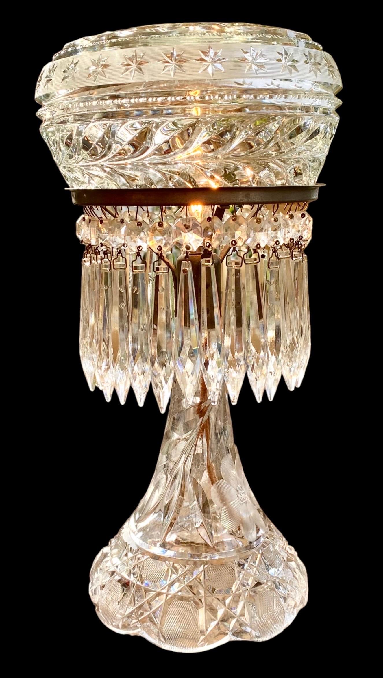 Engraved Antique American Brilliant Cut Glass Table Lamp