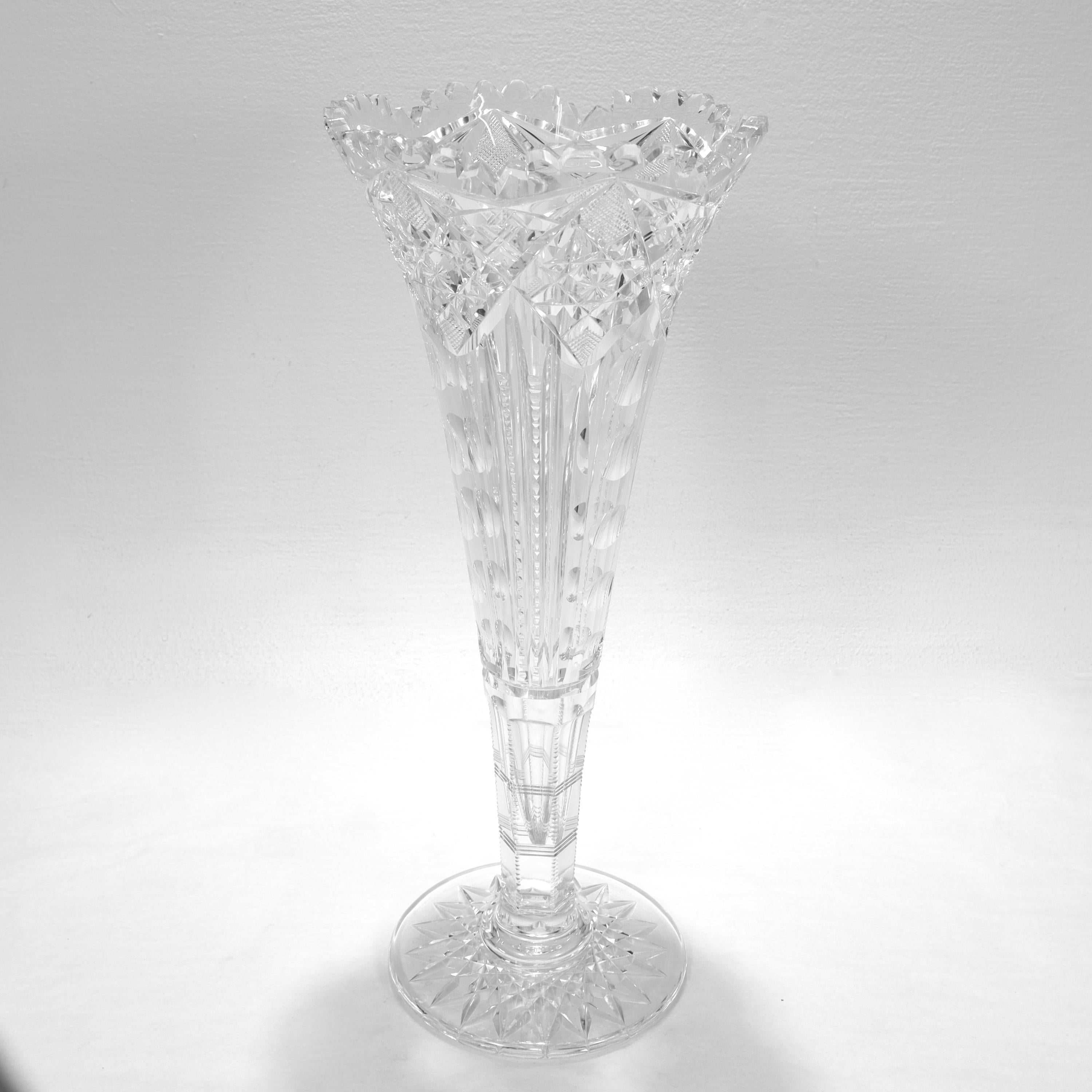 A fine piece of antique American Brilliant Period cut glass. 

In the form of a trumpet vase.

With a star pattern to the base, cut decorative patterns throughout, and a scalloped rim.

Simply a lovely American Brilliant Period