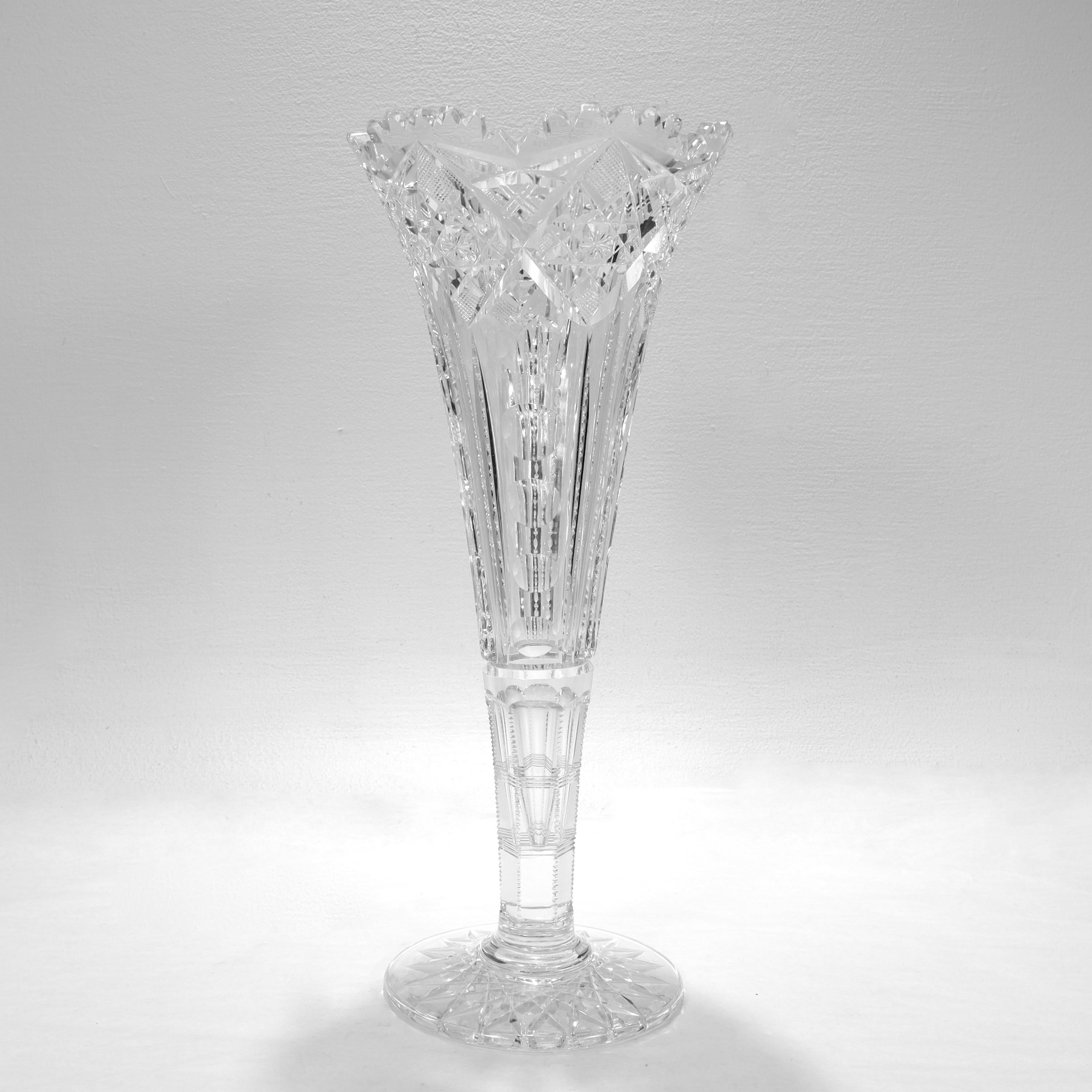 Antique American Brilliant Period ABP Cut Glass Trumpet Form Flower Vase In Good Condition In Philadelphia, PA