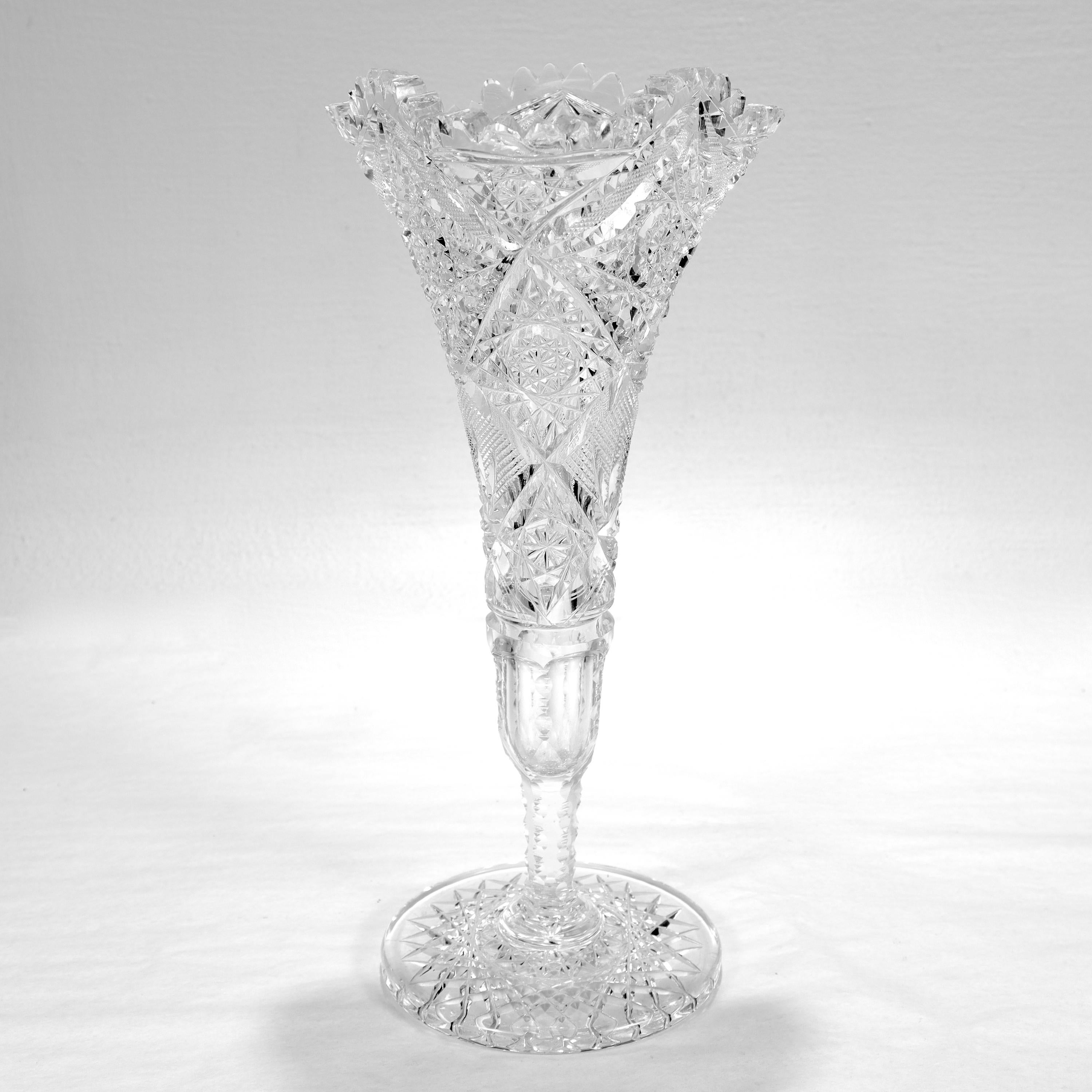 Edwardian Antique American Brilliant Period Cut Glass Pedestal Trumpet Vase