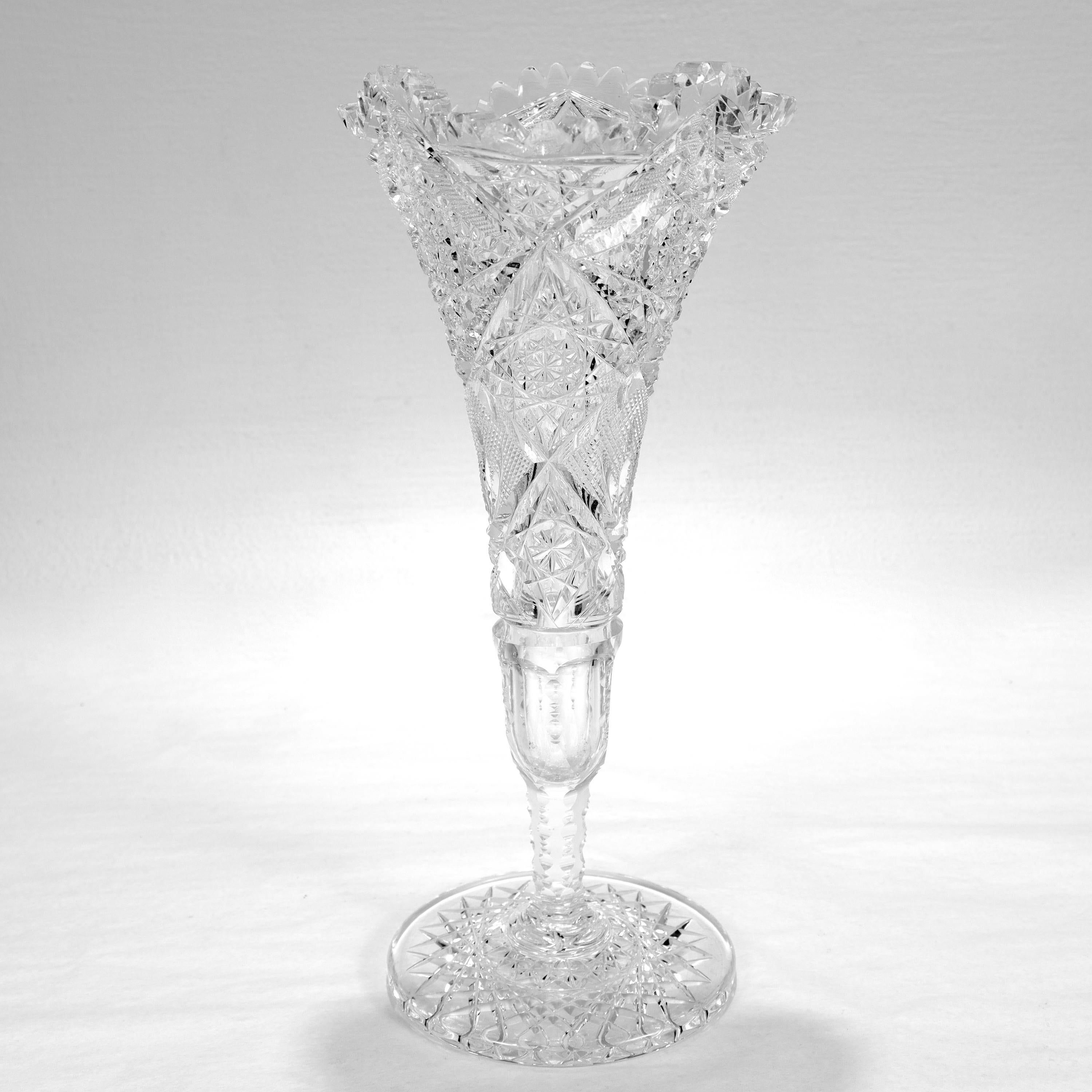 Antique American Brilliant Period Cut Glass Pedestal Trumpet Vase In Good Condition In Philadelphia, PA