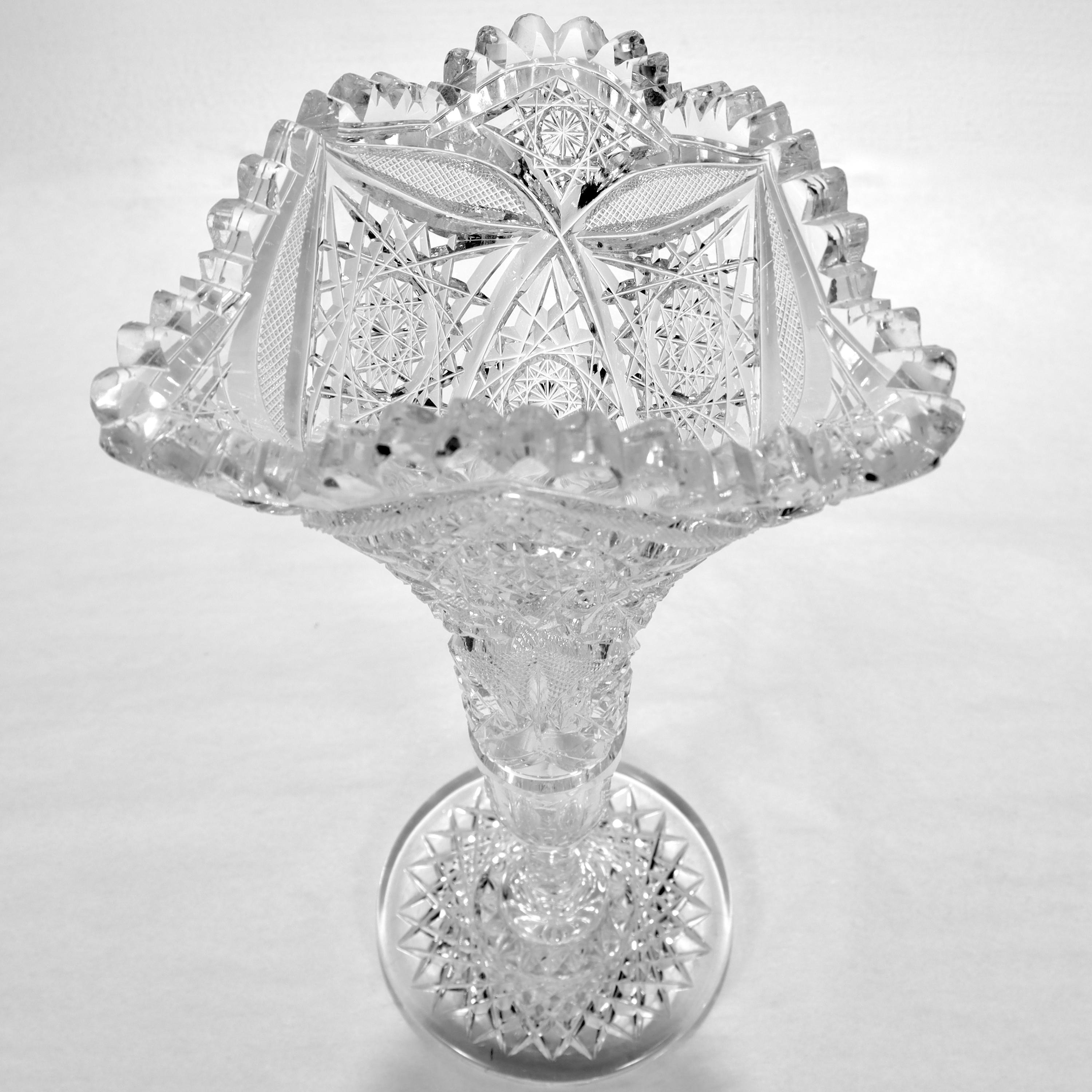 Antique American Brilliant Period Cut Glass Pedestal Trumpet Vase 2