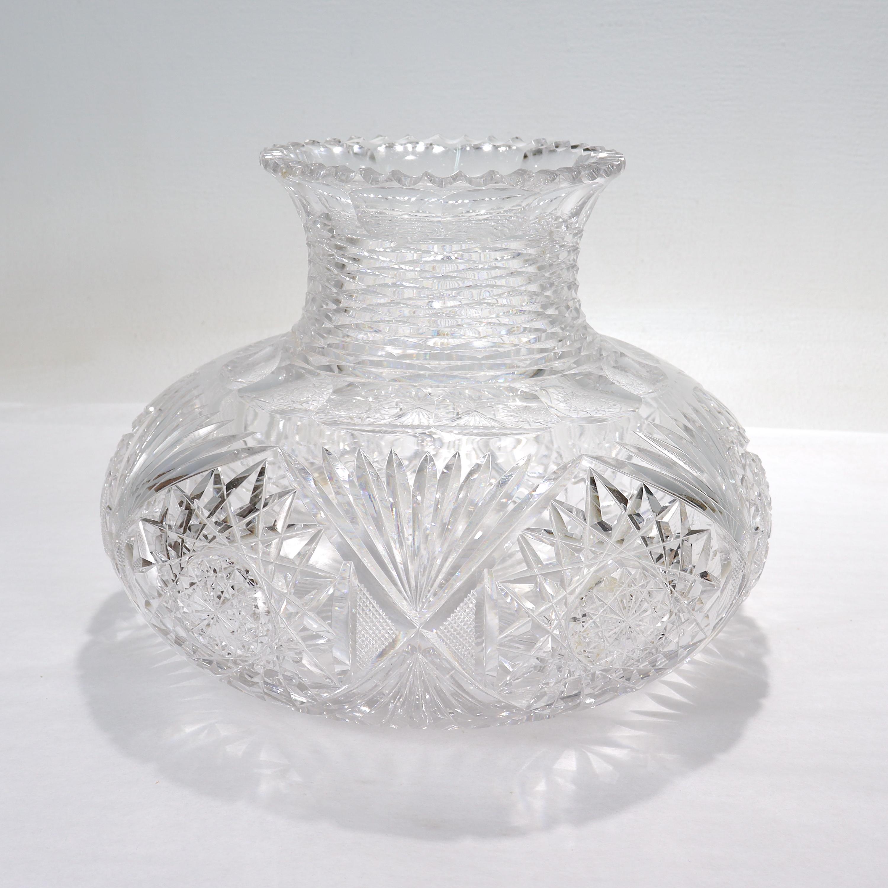 Victorian Antique American Brilliant Period Cut Glass Squat Form Flower Vase