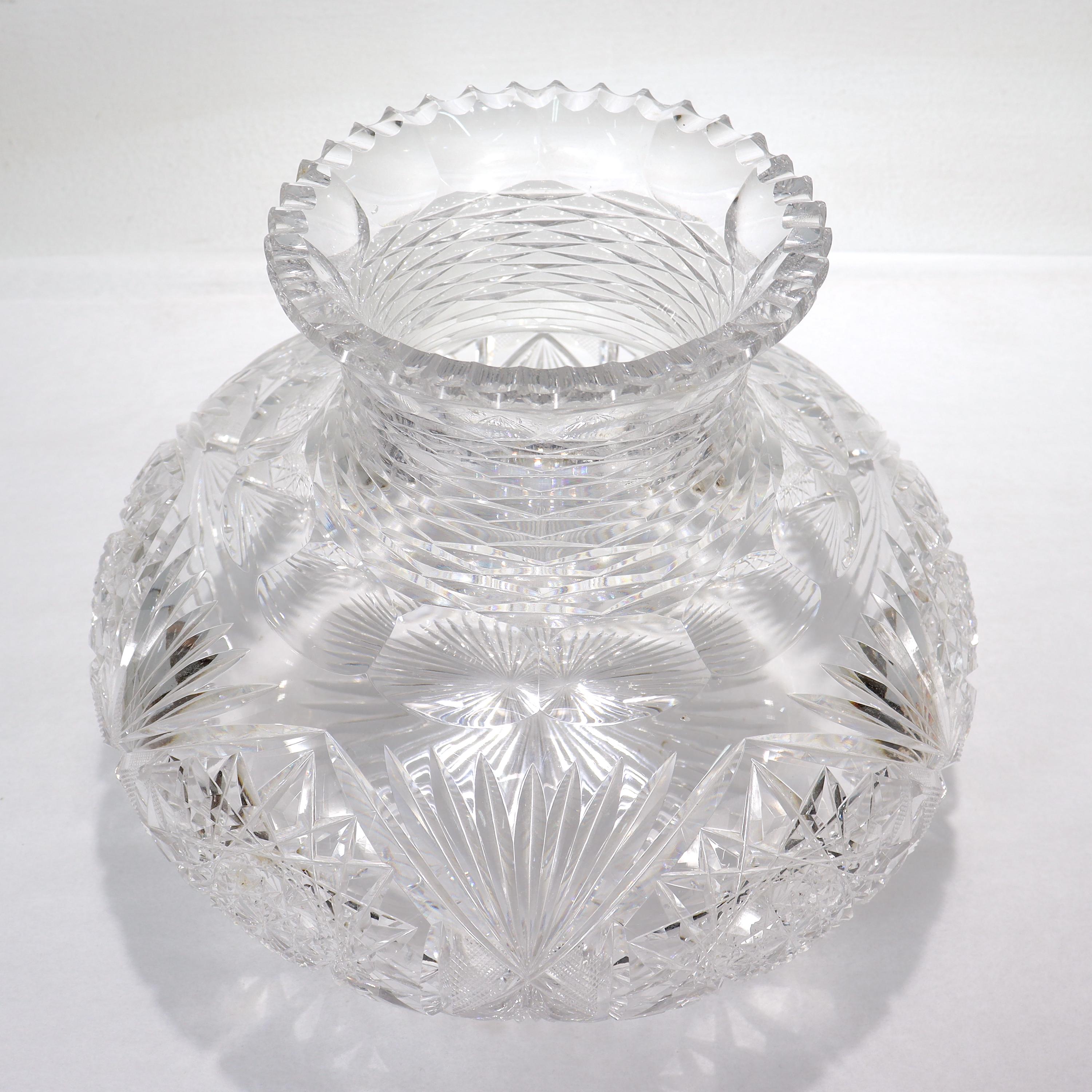 Antique American Brilliant Period Cut Glass Squat Form Flower Vase In Good Condition In Philadelphia, PA