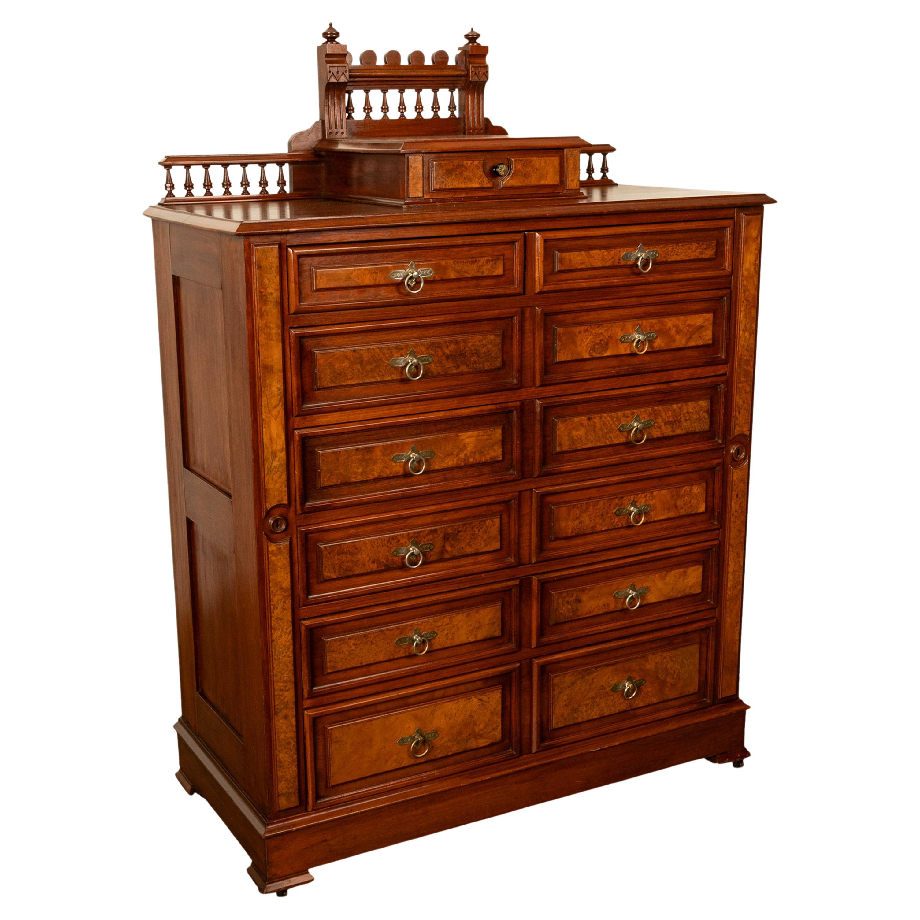 Antique American Burl Walnut Lock Side Eastlake Highboy Chest of Drawers 1870