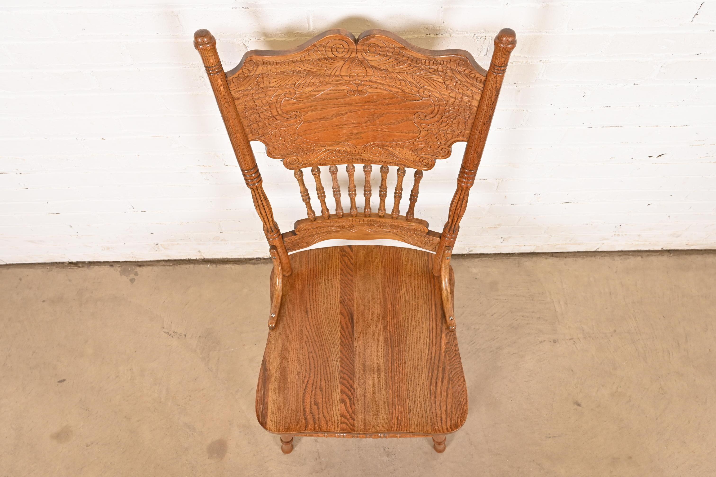 Antique American Carved Oak Pressed Back Spindle Dining Chair or Side Chair 1