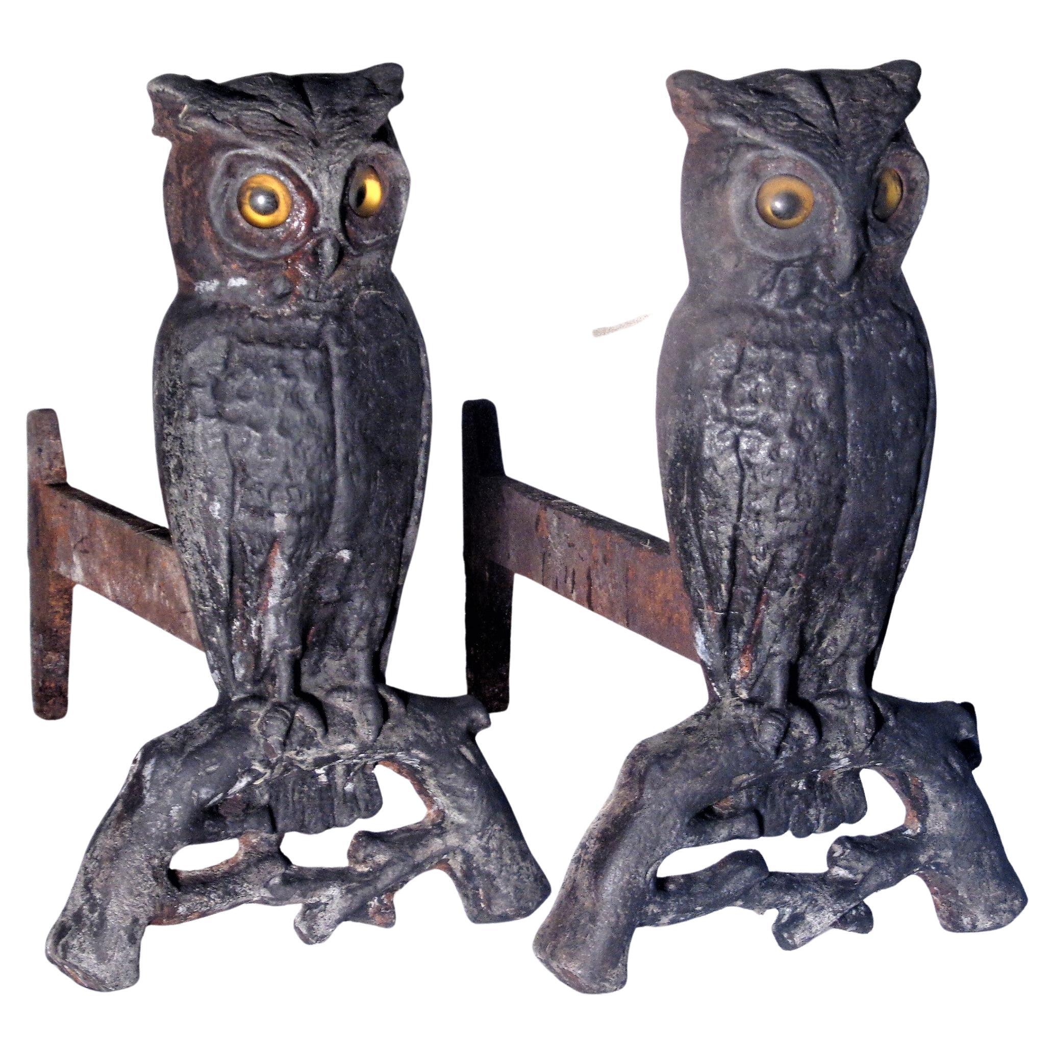Blackened Antique American Cast Iron Owl Andirons w/ Original Glass Eyes, Circa 1900
