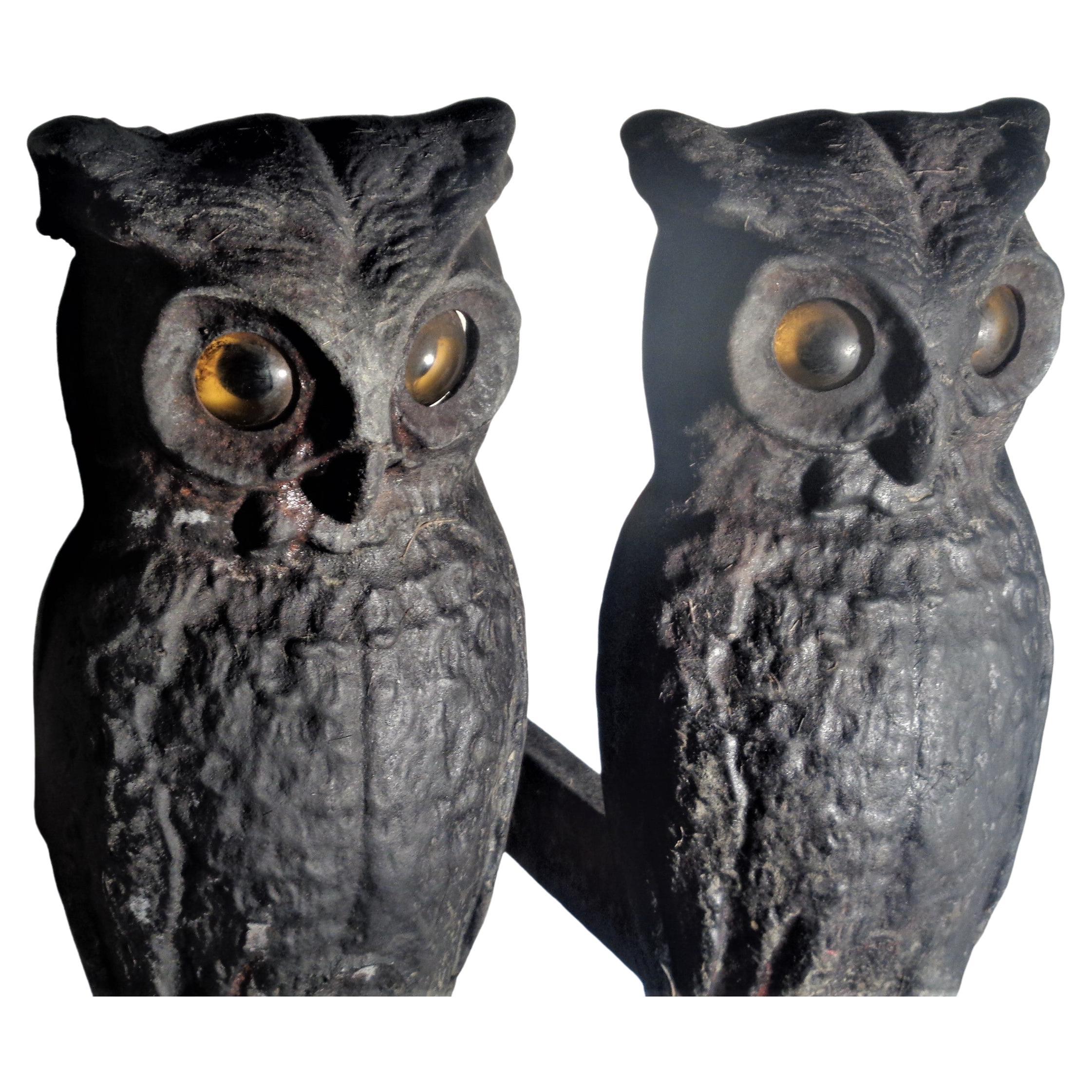 Antique American Cast Iron Owl Andirons w/ Original Glass Eyes, Circa 1900 In Good Condition In Rochester, NY