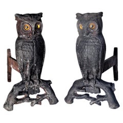 Antique American Cast Iron Owl Andirons w/ Original Glass Eyes, Circa 1900