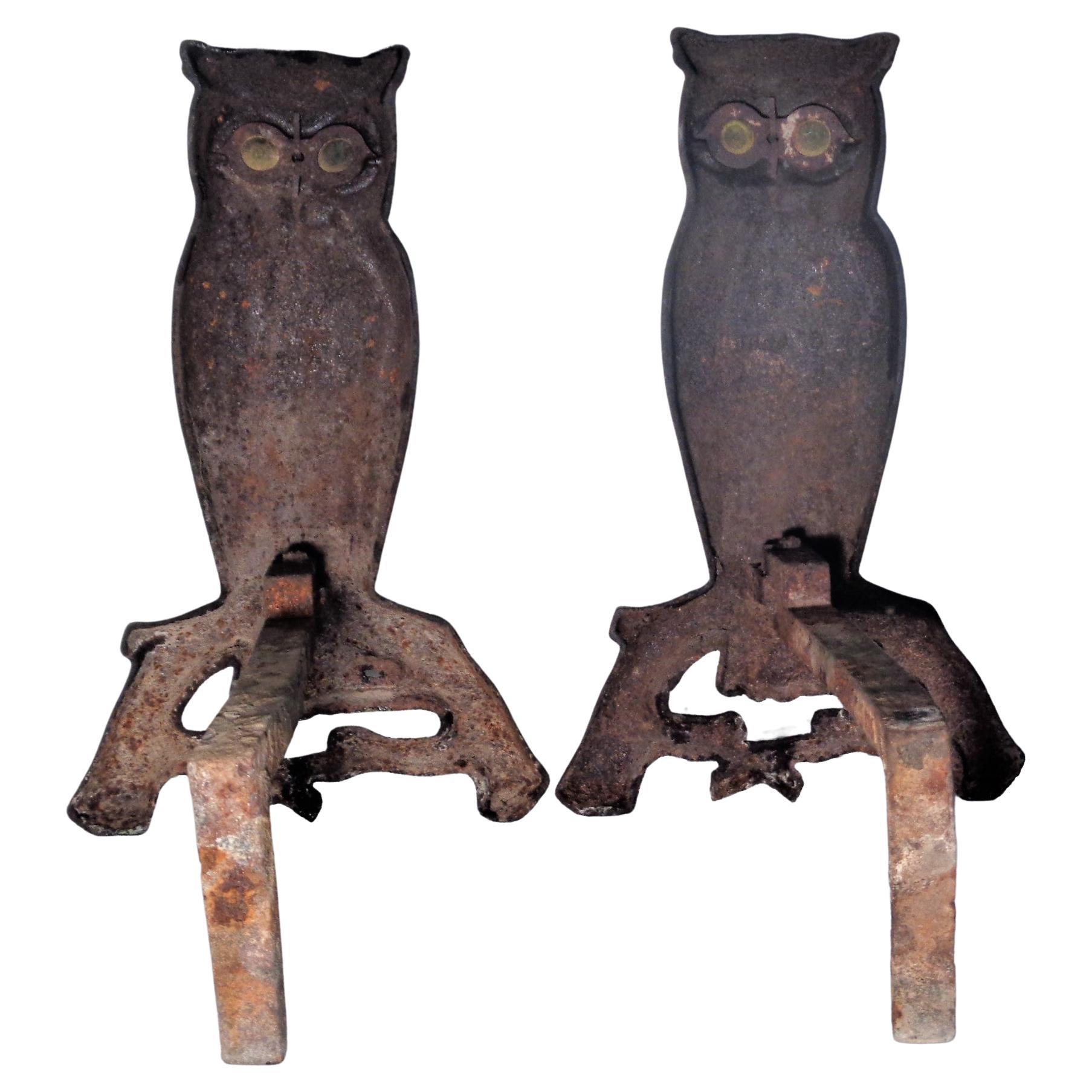Antique American Cast Iron Owl Andirons, Circa 1900 In Good Condition In Rochester, NY