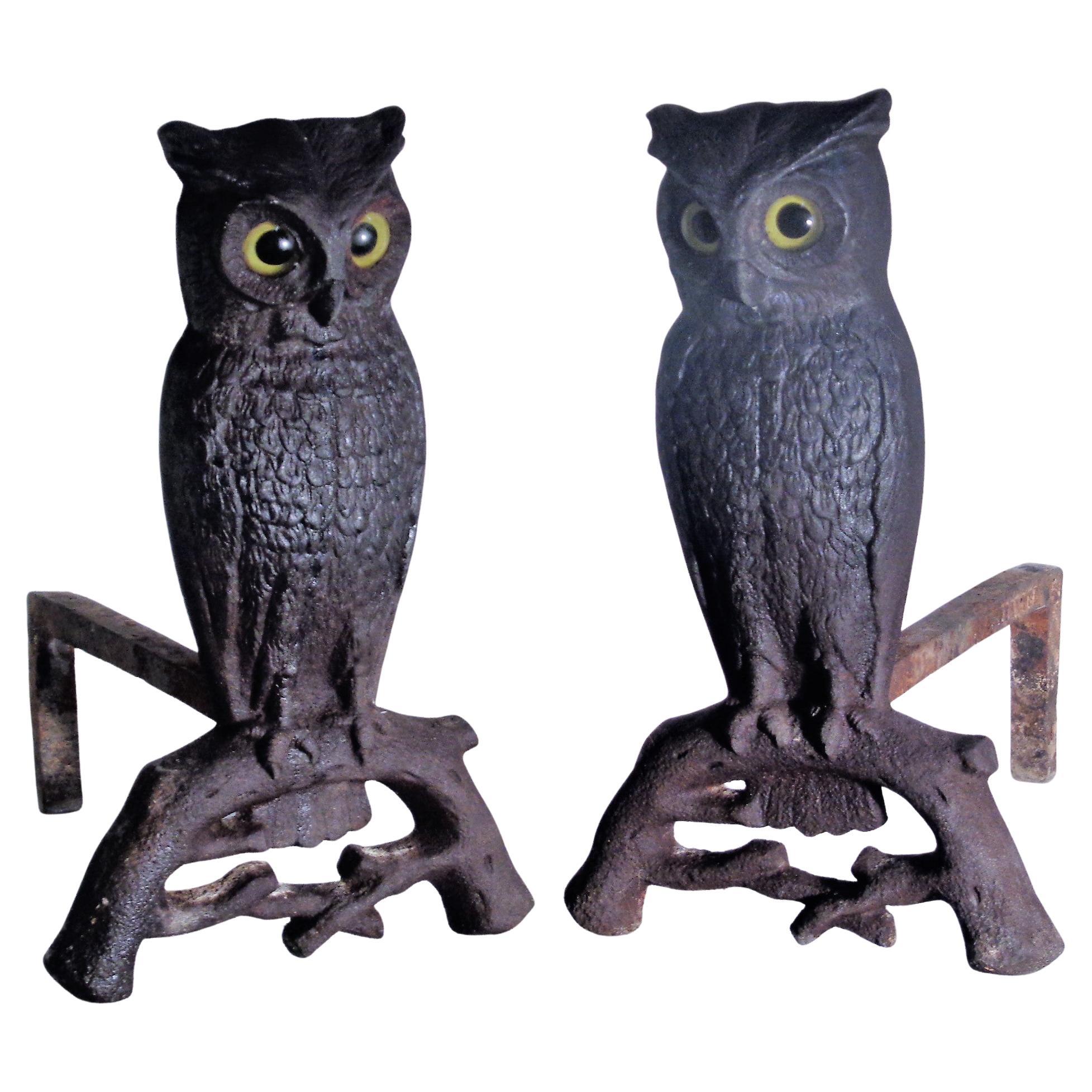 Antique American Cast Iron Owl Andirons, Circa 1900
