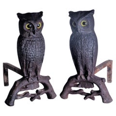 Antique American Cast Iron Owl Andirons, Circa 1900