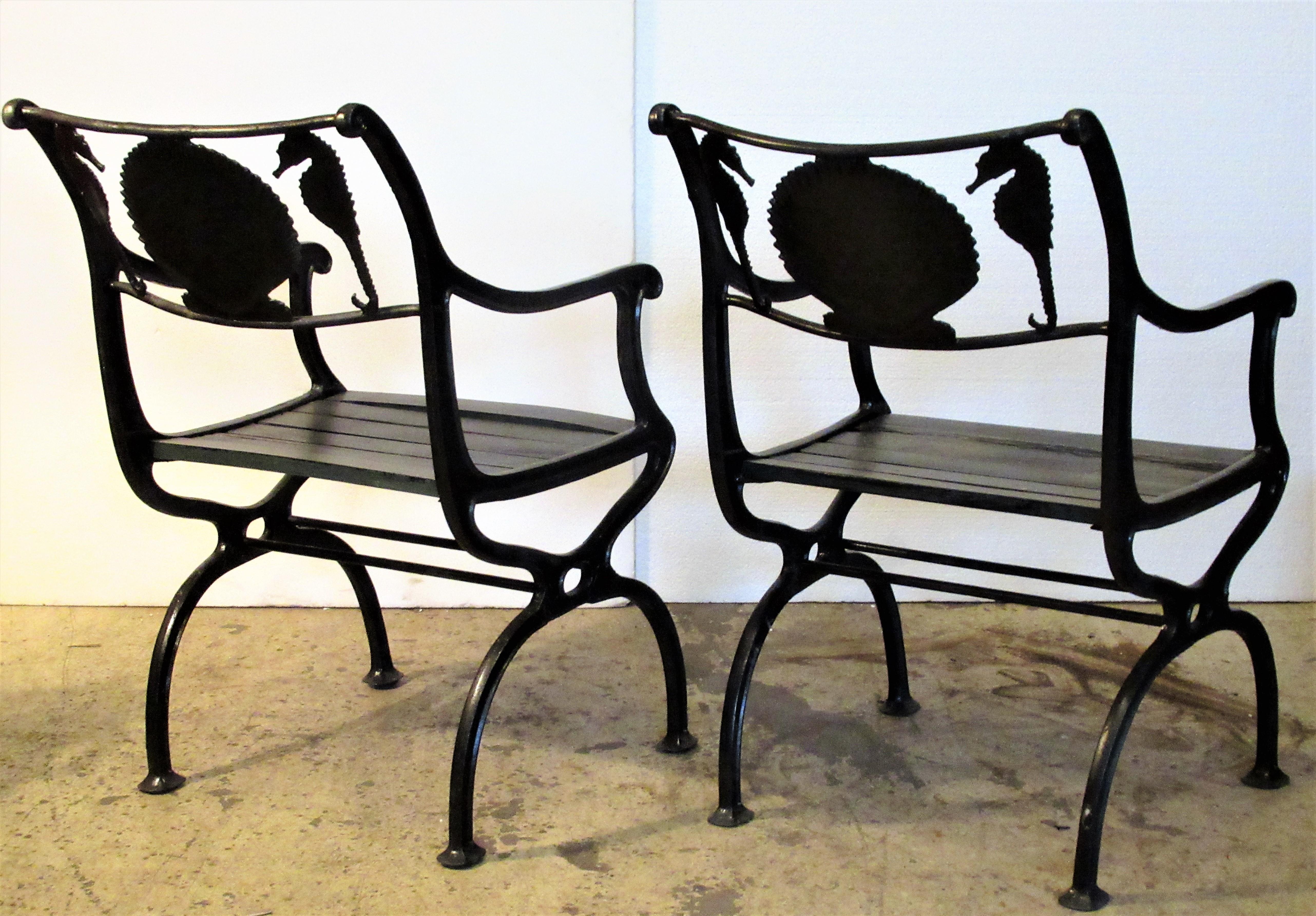 Art Deco Antique American Cast Iron Sea Horse and Scallop Shell Design Garden Chairs